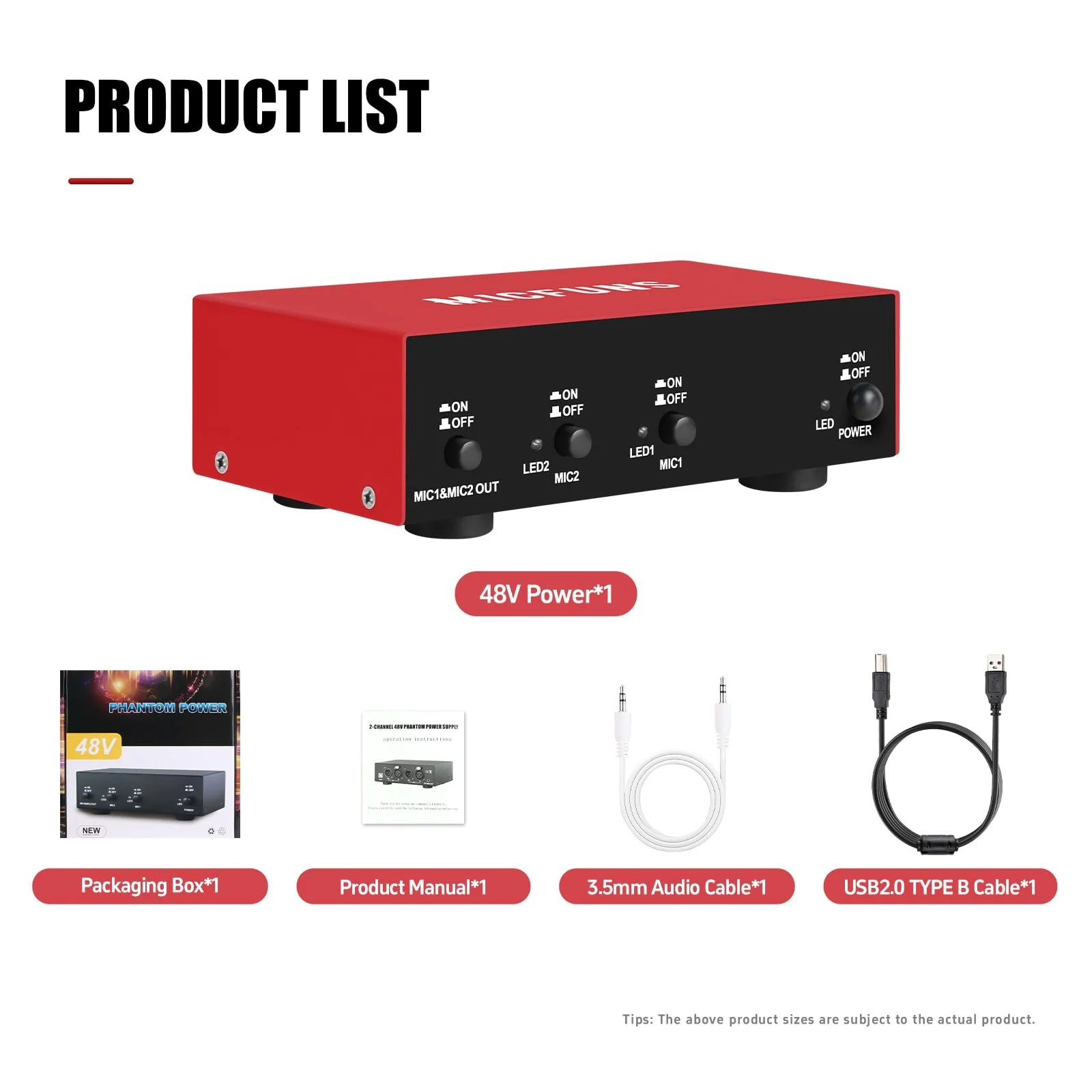MC New 2 Channel 48V Phantom Power Supply with 3.5mm Audio Cable to Connect Audio Interface for Condenser Microphone Music Recording Equipment (MC2-new red) MC2-new red - Image 6