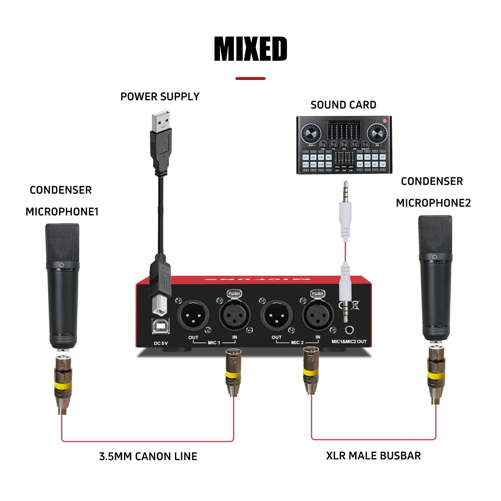 MC New 2 Channel 48V Phantom Power Supply with 3.5mm Audio Cable to Connect Audio Interface for Condenser Microphone Music Recording Equipment (MC2-new red) MC2-new red - Image 7