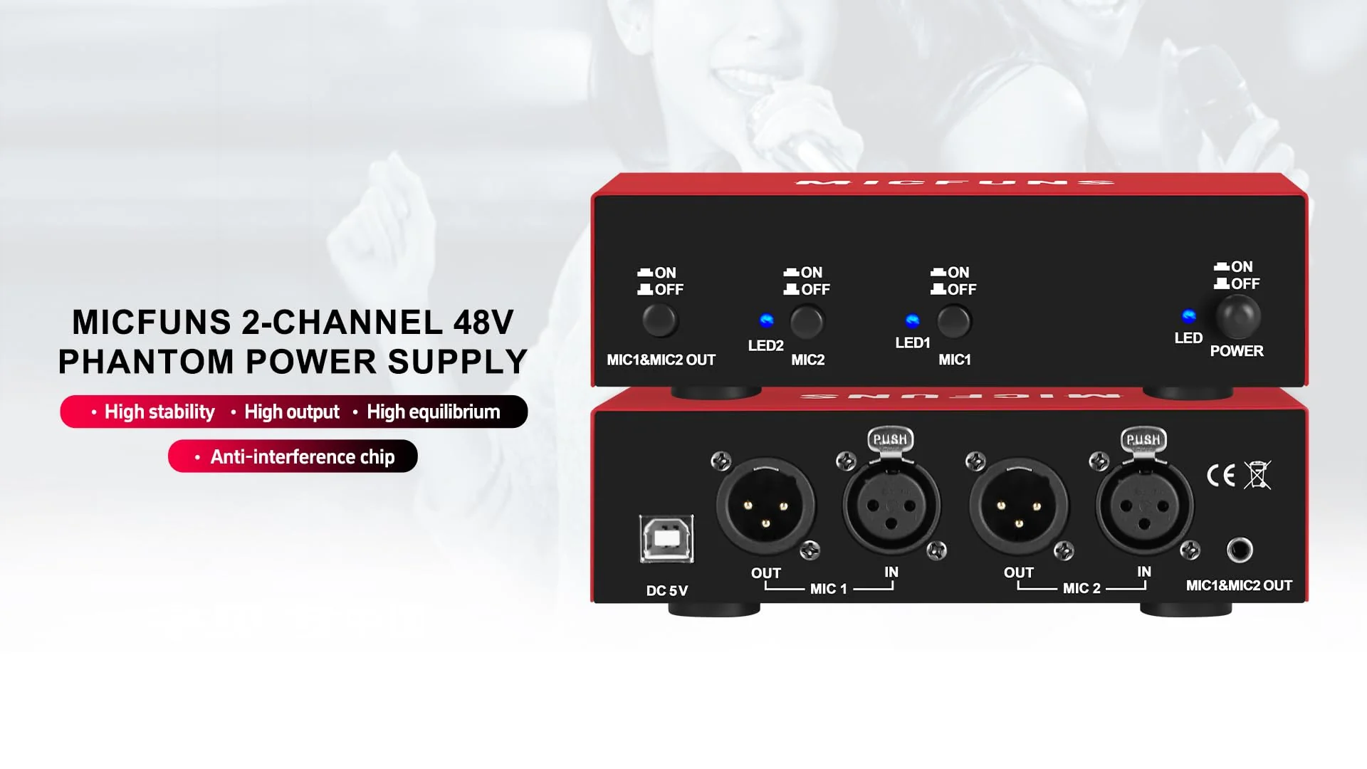 MC New 2 Channel 48V Phantom Power Supply with 3.5mm Audio Cable to Connect Audio Interface for Condenser Microphone Music Recording Equipment (MC2-new red) MC2-new red - Image 8