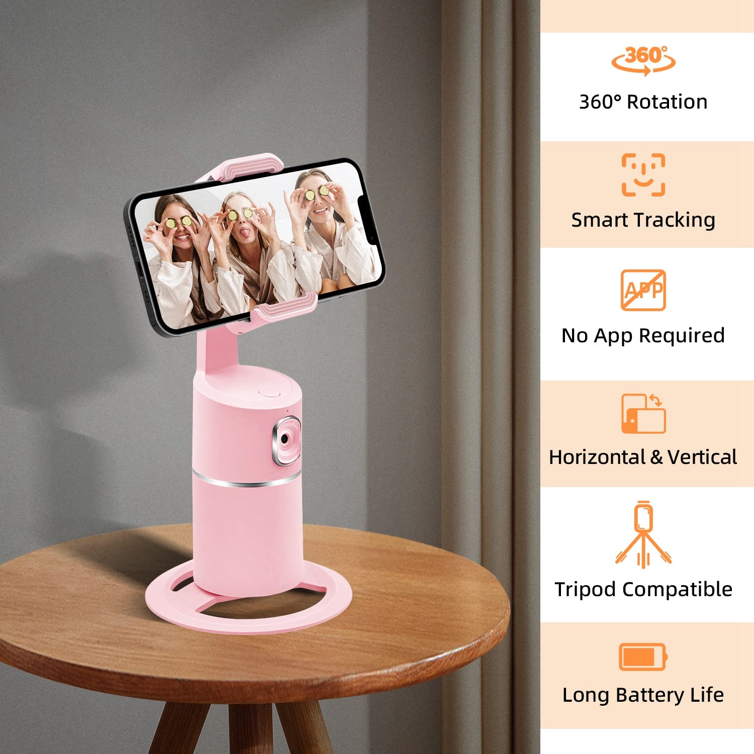 Mcbazel Auto Face Tracking Tripod, No App Required, Rechargeable Battery, 360° Rotation Phone Tracking Holder Face Body Phone Camera Mount for Live Vlog Streaming Video Chat - Pink - Image 2