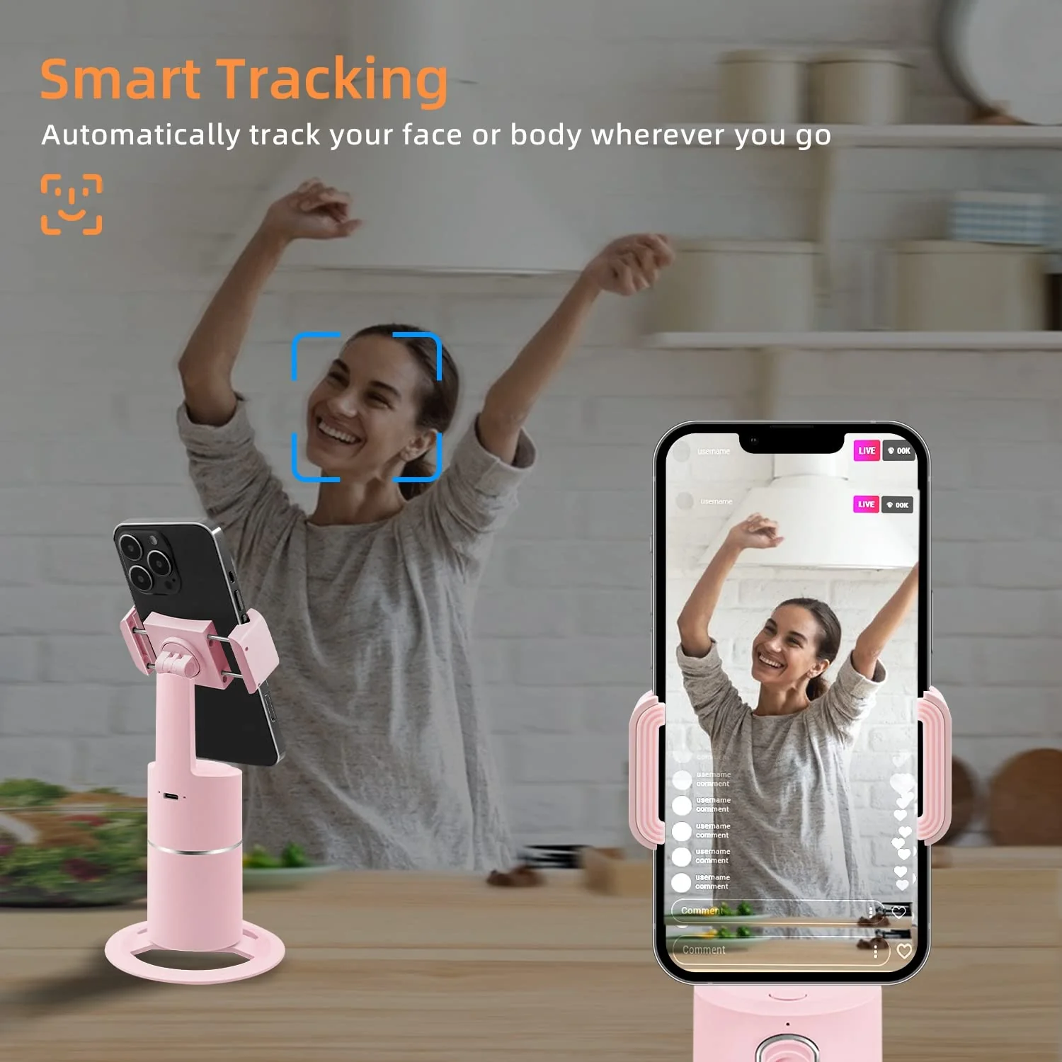 Mcbazel Auto Face Tracking Tripod, No App Required, Rechargeable Battery, 360° Rotation Phone Tracking Holder Face Body Phone Camera Mount for Live Vlog Streaming Video Chat - Pink - Image 5