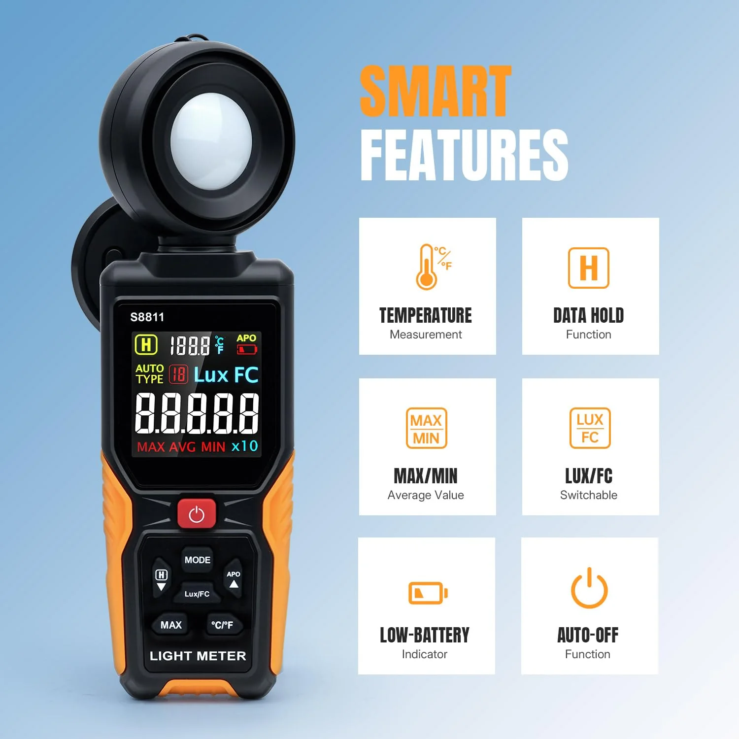 Mcbazel Digital Light Meter with HD Color Screen, 270° Rotatable Head & Fast 8X/s Sampling – High-Precision Illuminance Meter (200,000 Lux/FC) for LED Grow Lights, Plants, Photography & Lumen Testing - Image 4