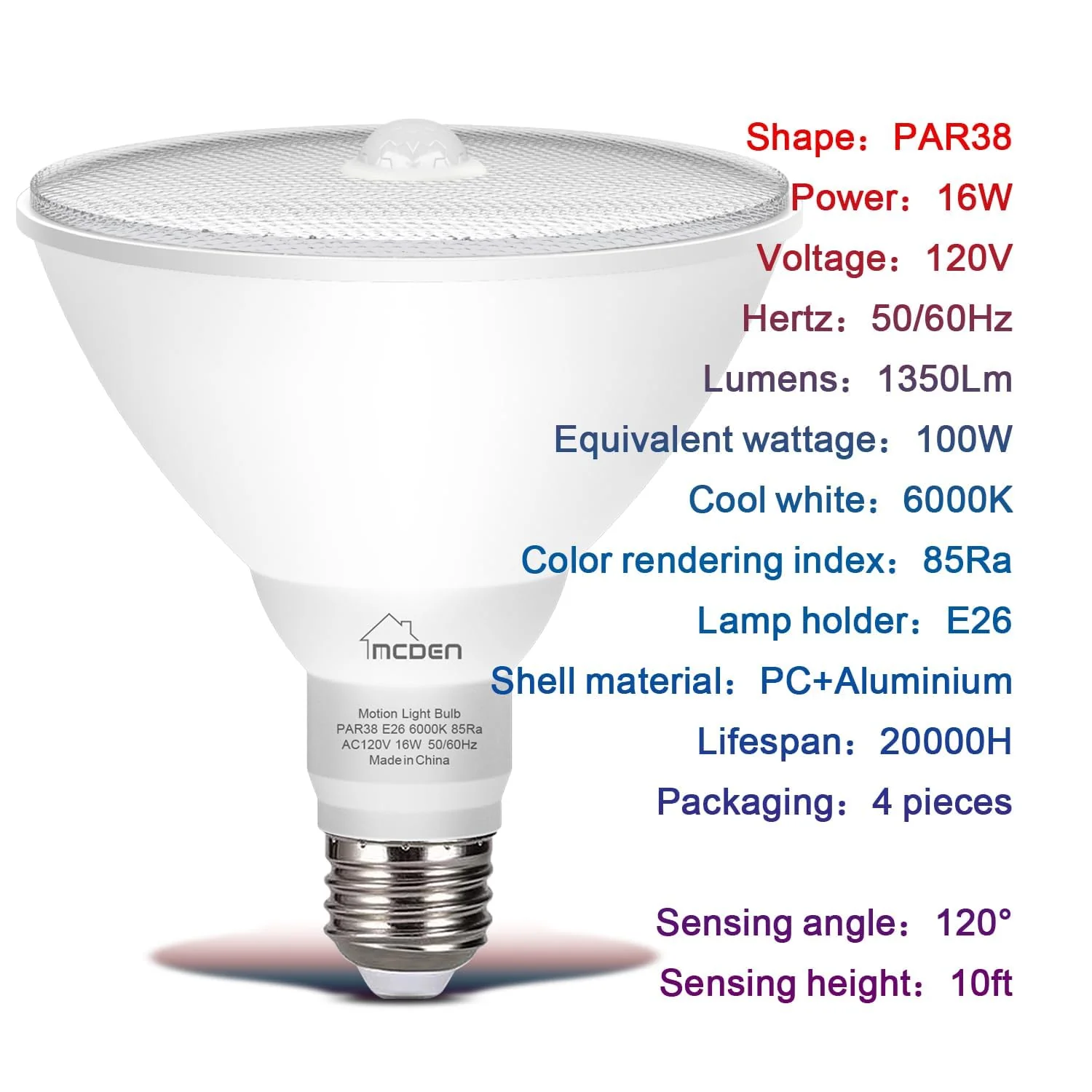 McDen Motion Sensor Light Bulb, PAR38 16W Equivalent 100W 6000K Daylight, Indoor Motion Activation Detector Light Bulb, E26 Base Dusk to Dawn Security Night Light.LED Flood Lights Outdoor, 4 Packs Daylight White PAR38-16W - Image 4