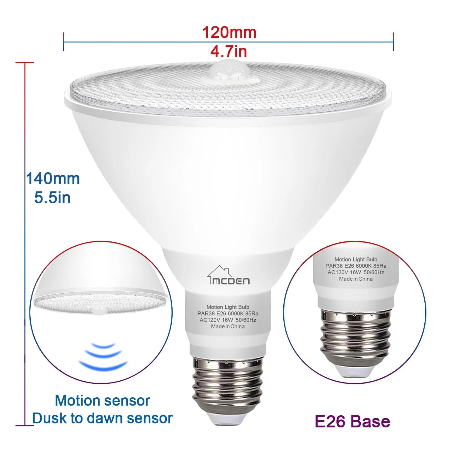 McDen Motion Sensor Light Bulb, PAR38 16W Equivalent 100W 6000K Daylight, Indoor Motion Activation Detector Light Bulb, E26 Base Dusk to Dawn Security Night Light.LED Flood Lights Outdoor, 4 Packs Daylight White PAR38-16W - Image 5