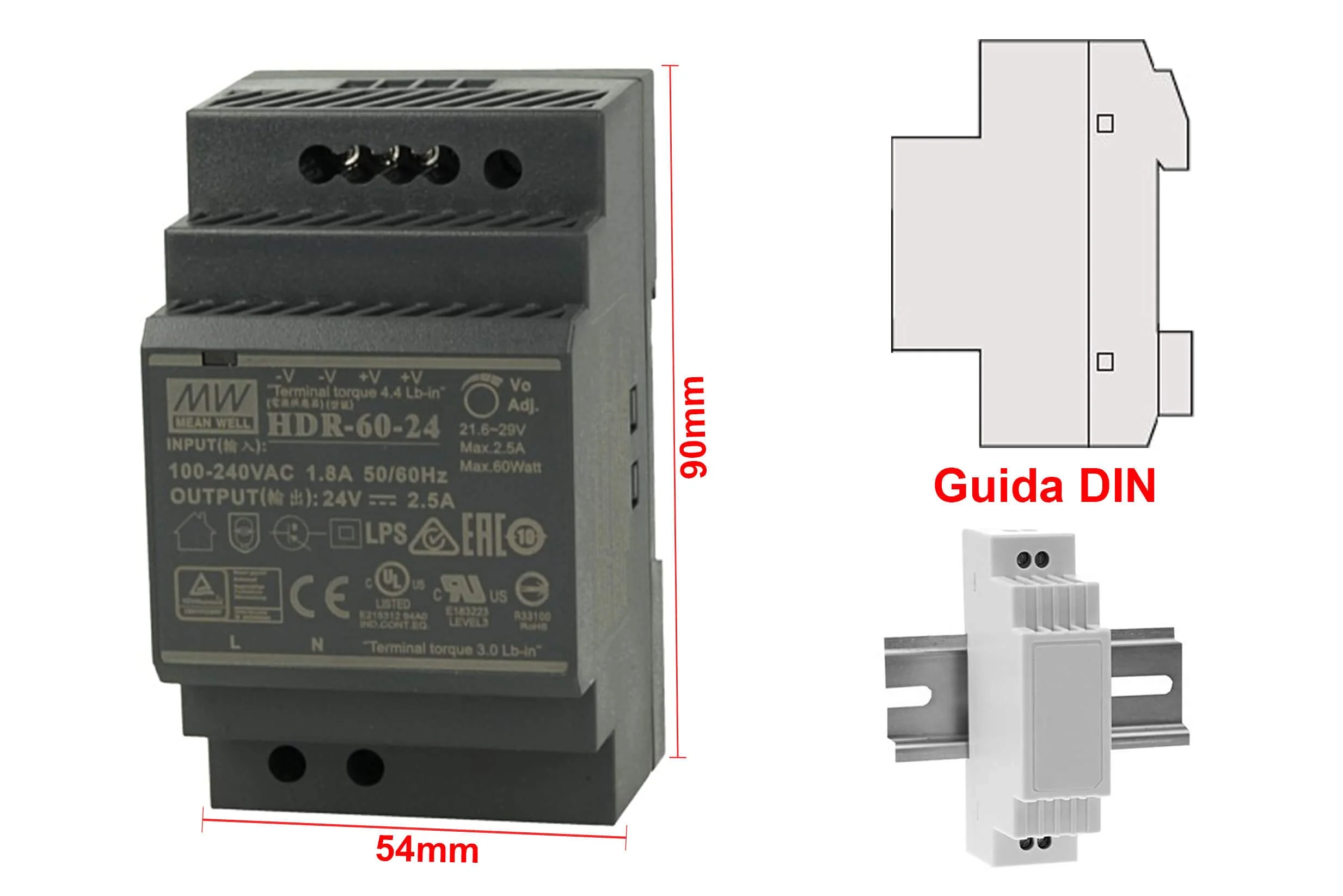 Mean Well Din-Rail power supply 60W 24V 2,5A ; MeanWell HDR-60-24 ; Panel Mount - Image 9