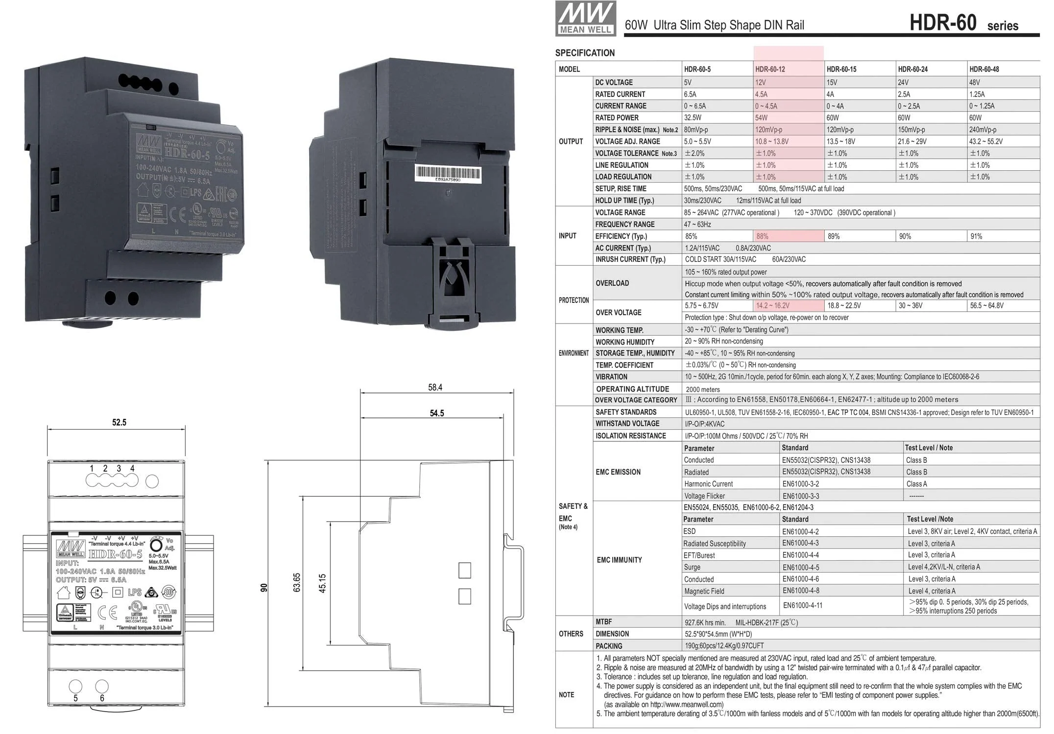 Mean Well HDR-60-12 DIN Rail Power Supply DIN-Rail 12 VDC 4.5 A 54 Watt - Image 2