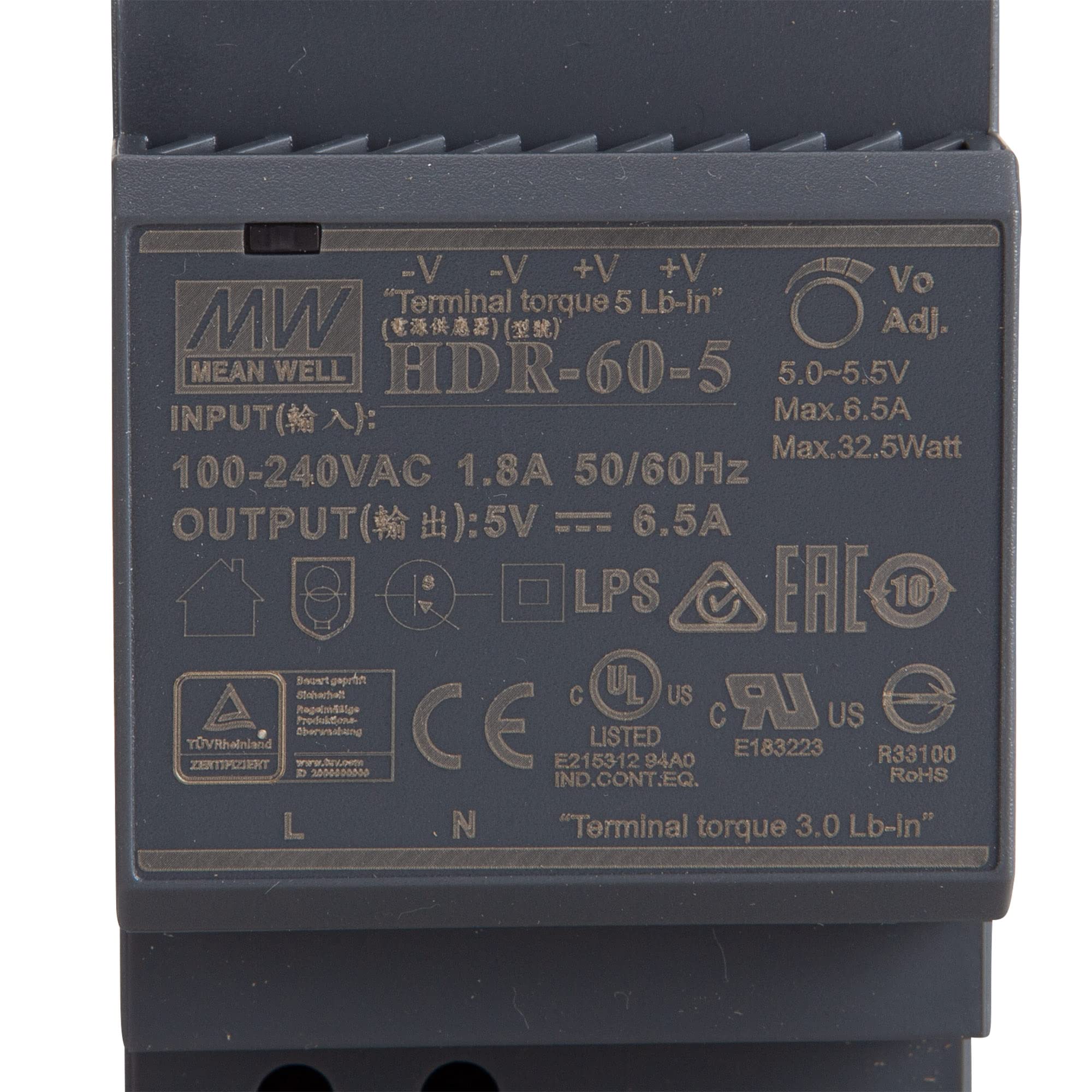 Mean Well HDR-60-5 DIN Rail Power Supply (DIN-Rail) 5 V/DC 6.5 A 32.5 W 1 x - Image 3