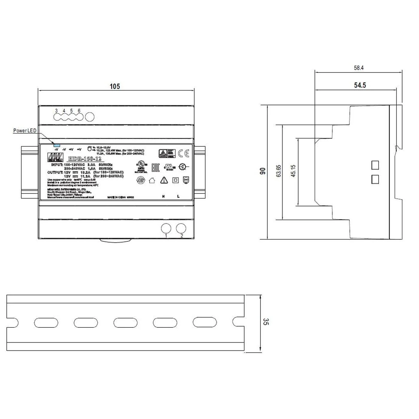 Meanwell HDR-150-24 150W 24V 6.25A DIN Rail Power Supply DIN Rail - Image 2