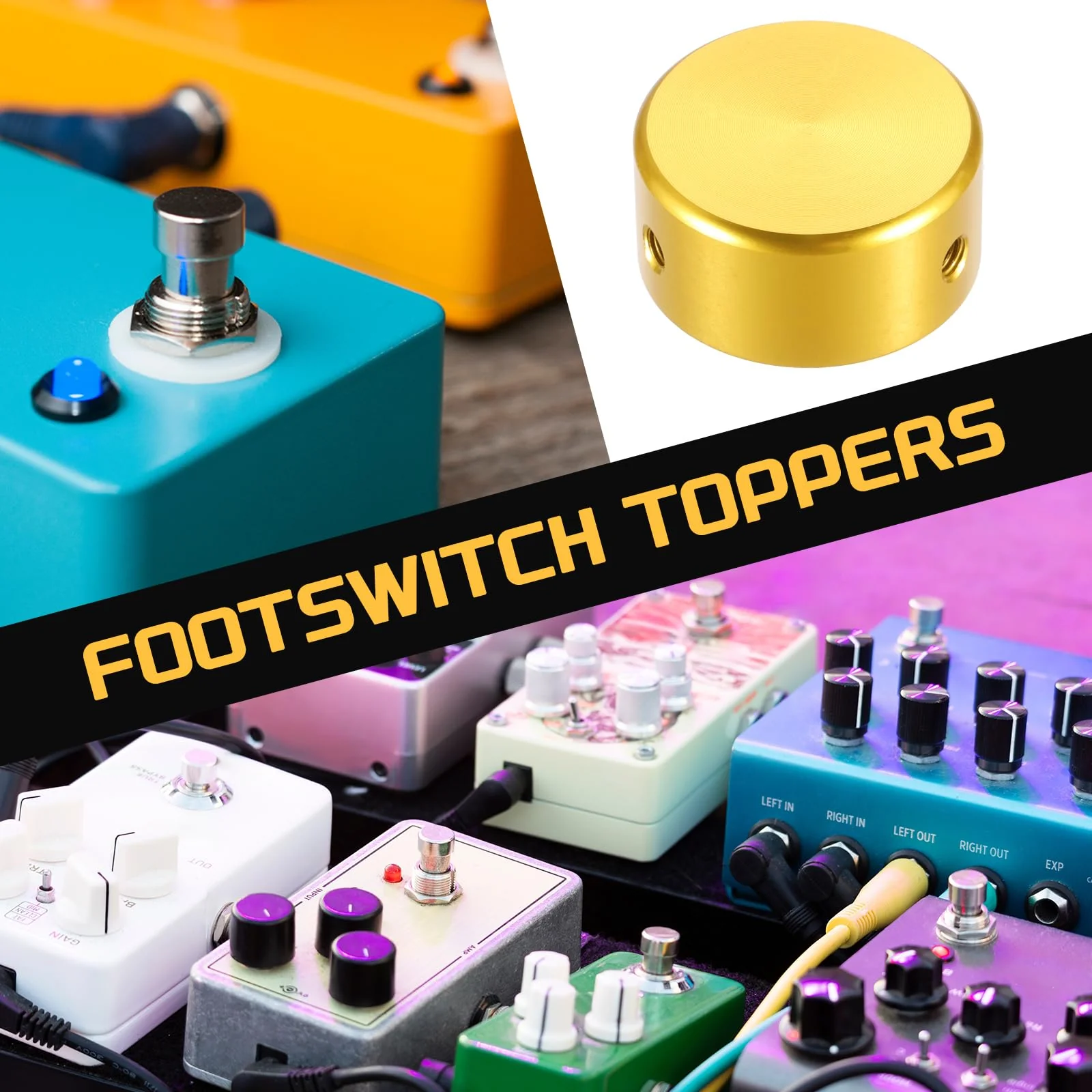 MECCANIXITY 12 Pcs Footswitch Toppers Guitar Pedal Button Caps Metal Footswitch Top Cover 3/8" for Guitar Effects Pedal Buttons, Black, Gold - Image 5