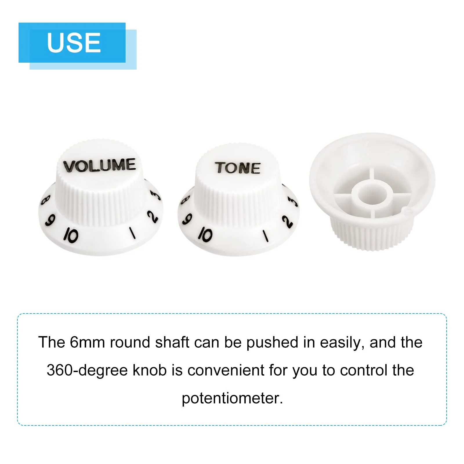 MECCANIXITY Speed Control Knobs 6mm ID 1 Volume 2 Tone Top Hat Guitar Bell Knobs for ST/SQ Electric Guitar Plastic White with Black Character - Image 4