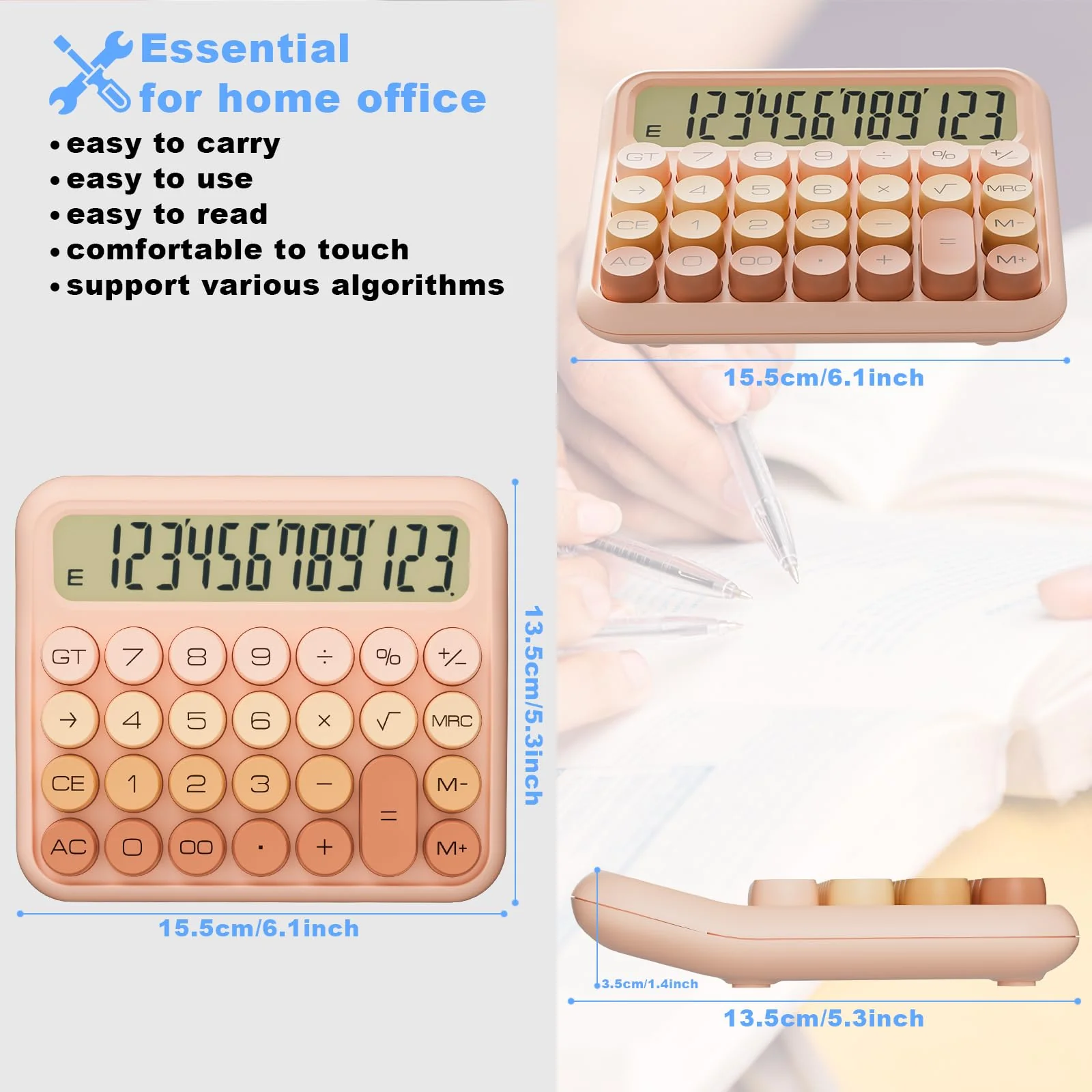 Mechanical Calculator 12 Digit Extra Large 5-Inch LCD Display, DECKLIT Battery Desk Calculator, Big Buttons Easy to Press Office Calculators Desktop, 15°Tilt Screen for Kids Calculator(Gradient Pink) Gradient Pink - Image 2