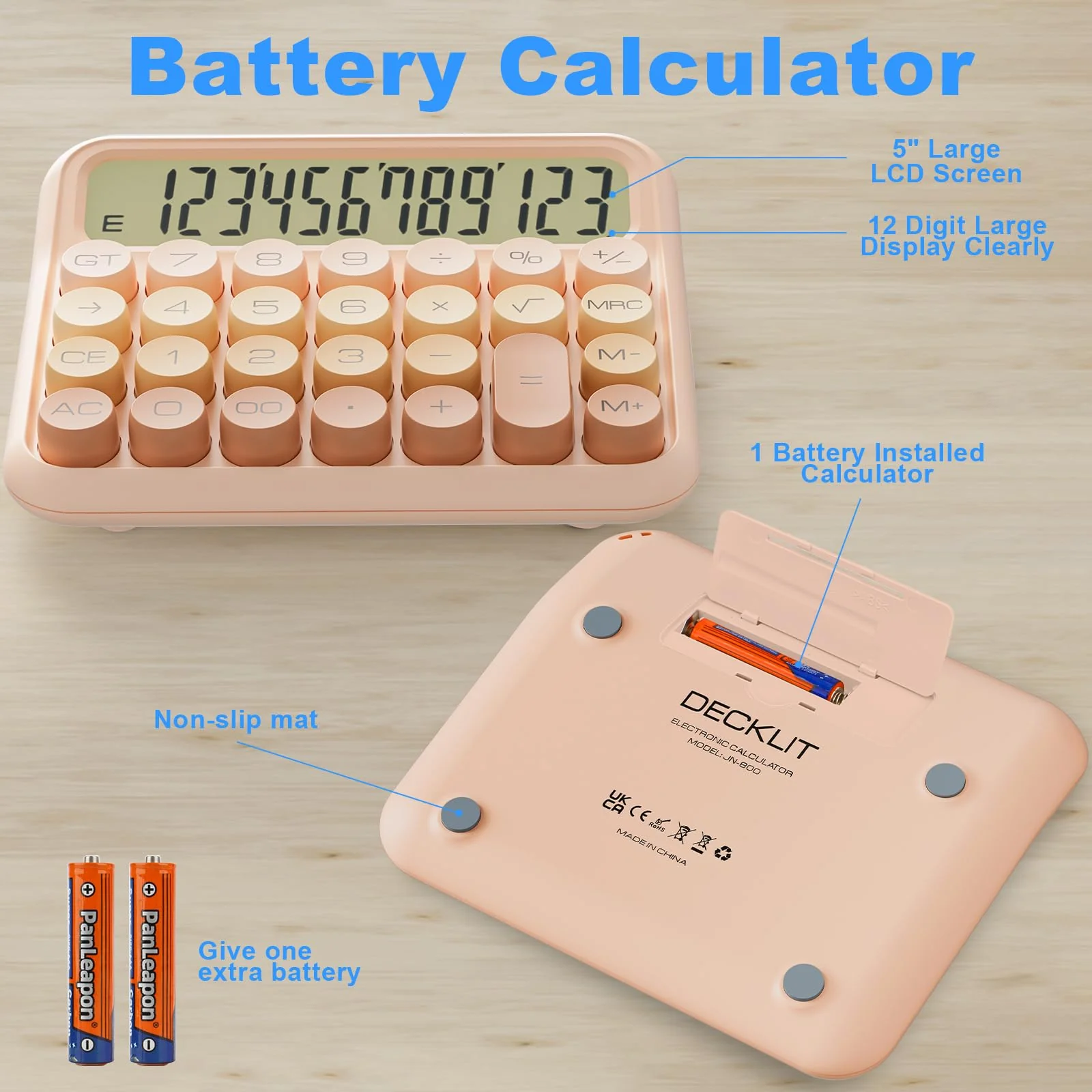 Mechanical Calculator 12 Digit Extra Large 5-Inch LCD Display, DECKLIT Battery Desk Calculator, Big Buttons Easy to Press Office Calculators Desktop, 15°Tilt Screen for Kids Calculator(Gradient Pink) Gradient Pink - Image 3