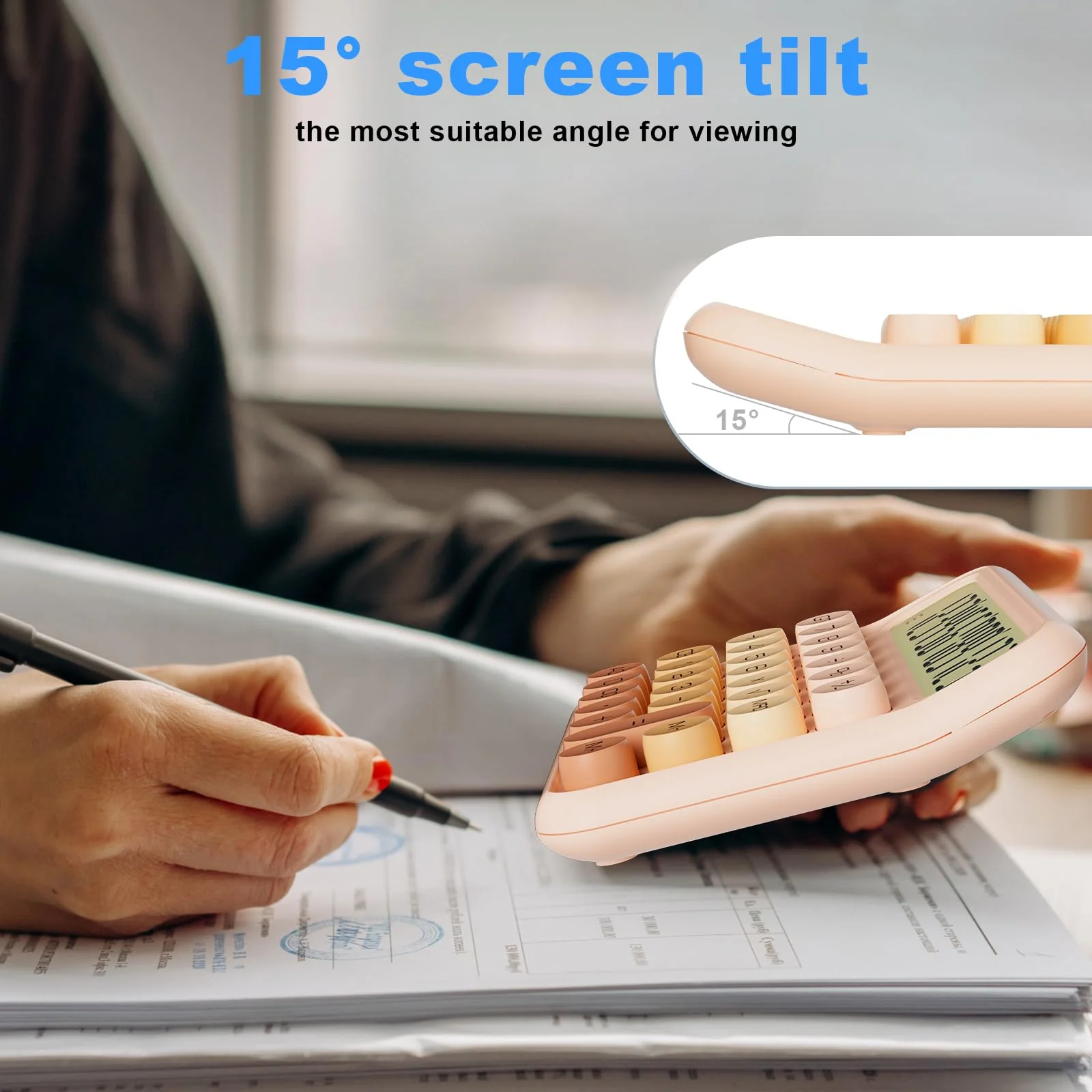 Mechanical Calculator 12 Digit Extra Large 5-Inch LCD Display, DECKLIT Battery Desk Calculator, Big Buttons Easy to Press Office Calculators Desktop, 15°Tilt Screen for Kids Calculator(Gradient Pink) Gradient Pink - Image 5
