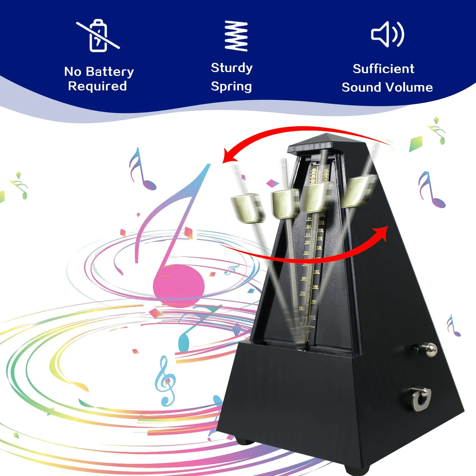 Mechanical metronome, universal music timer for piano, guitar, drums, violin and saxophone musicians, pyramid-designed DPM-1 music metronome, ebony color - Image 2