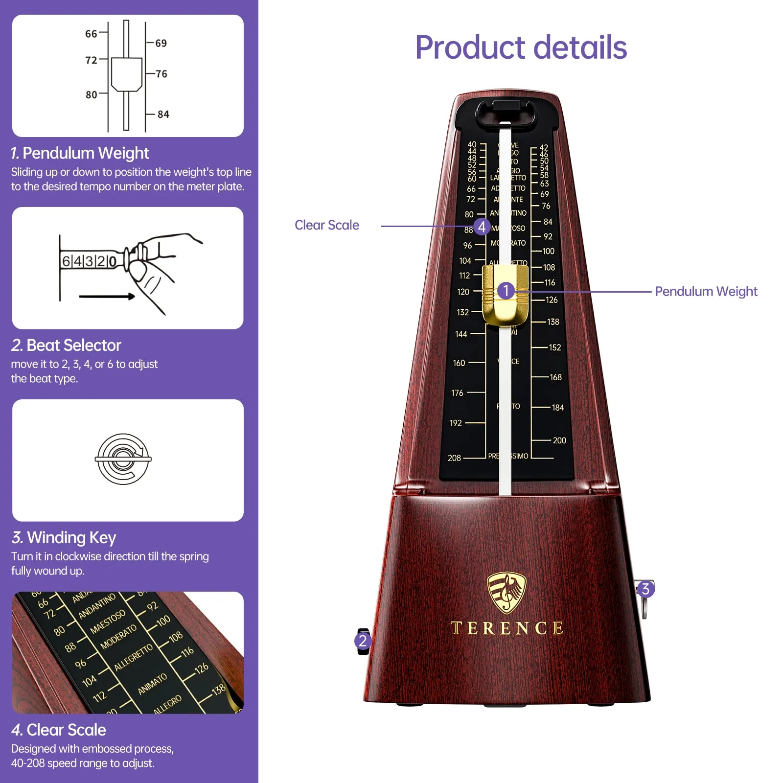 Mechanical Metronomes for Piano Guitar Violin Bass Drum and Other Musical Instruments Loud Sound and High Precision Track Beat and Tempo for Beginners (Wood Grain) wood grain - Image 2