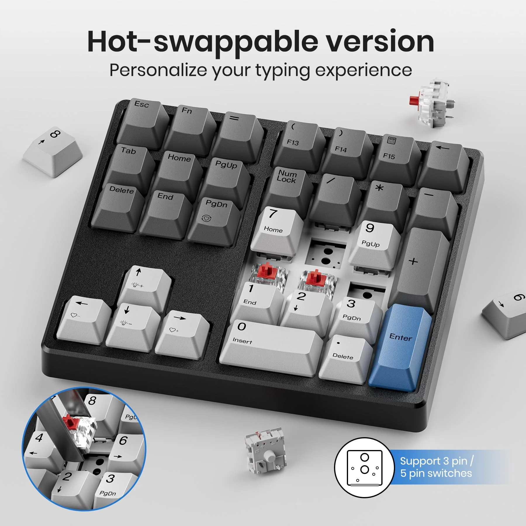 Mechanical Number Pad, 34 Key Wired Hot Swappable Keypad, Gateron Switches White Backlit Numpad,USB Numeric Keypad with PBT Keycaps for Laptop, Mac, PC Desktop(Red Switch) Red Switch - Image 5