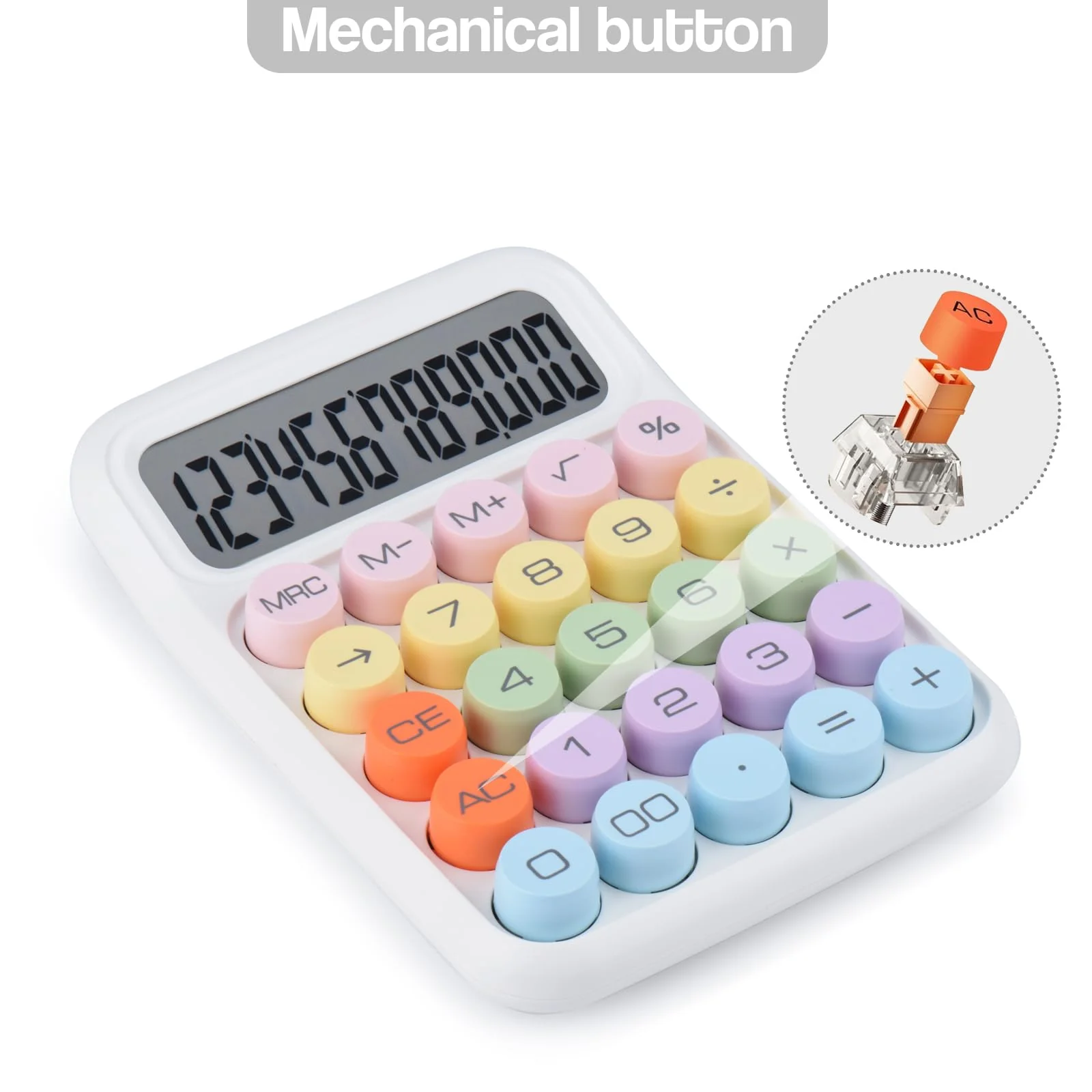 Mechanical Pushbutton Calculator,12 Digit Large LCD Display,Big Buttons Easy to Press,Colorful Candy Calculator,Automatic Sleep,with Battery.for Office,School, Home. (White) white - Image 2