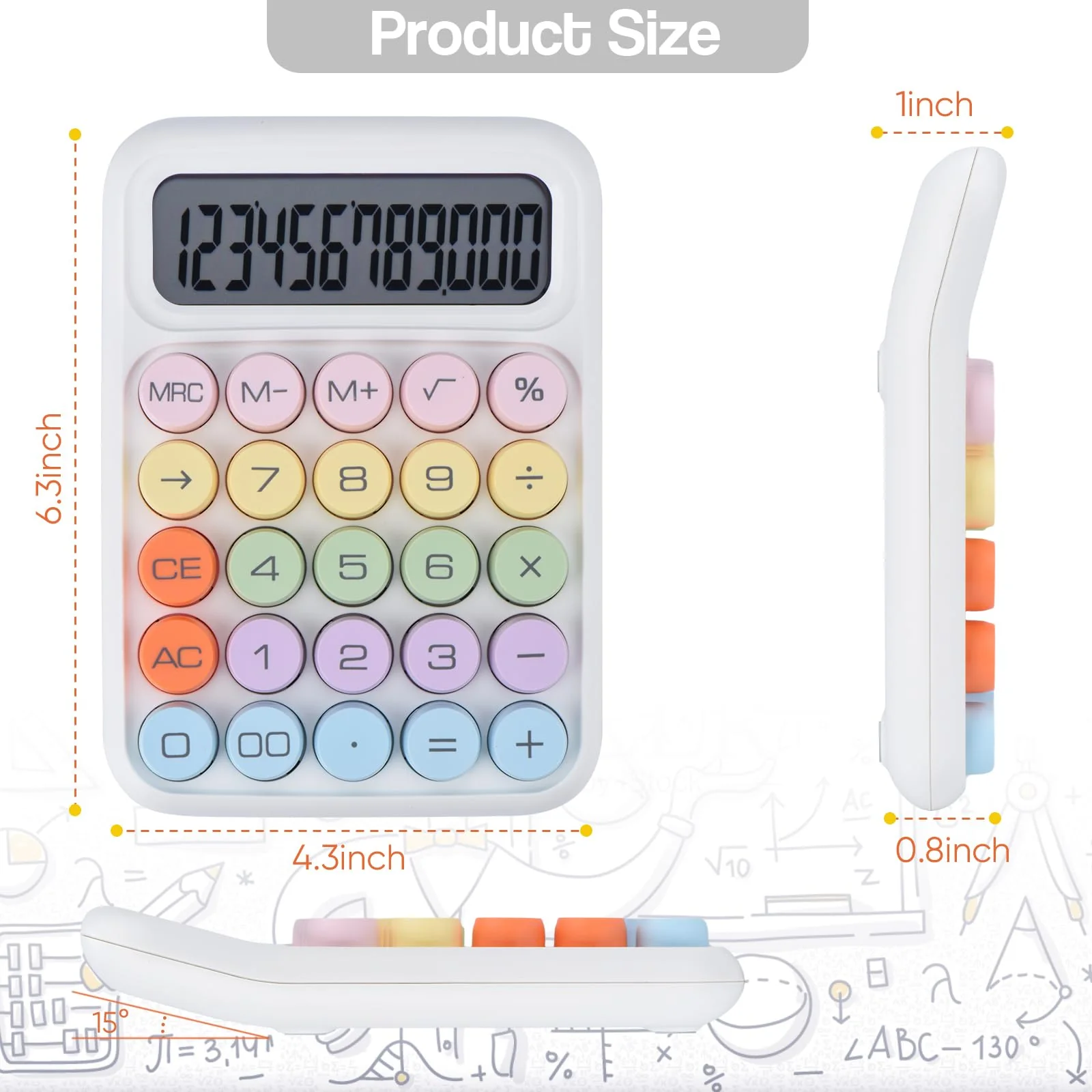 Mechanical Pushbutton Calculator,12 Digit Large LCD Display,Big Buttons Easy to Press,Colorful Candy Calculator,Automatic Sleep,with Battery.for Office,School, Home. (White) white - Image 3