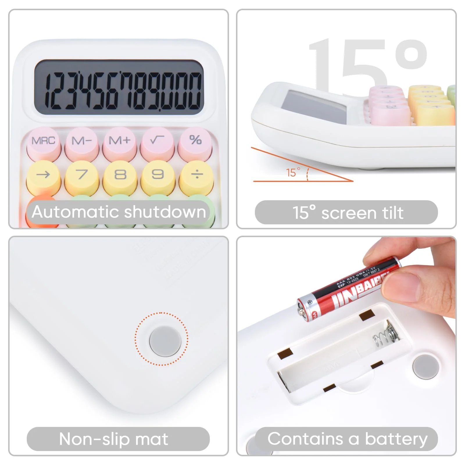 Mechanical Pushbutton Calculator,12 Digit Large LCD Display,Big Buttons Easy to Press,Colorful Candy Calculator,Automatic Sleep,with Battery.for Office,School, Home. (White) white - Image 4