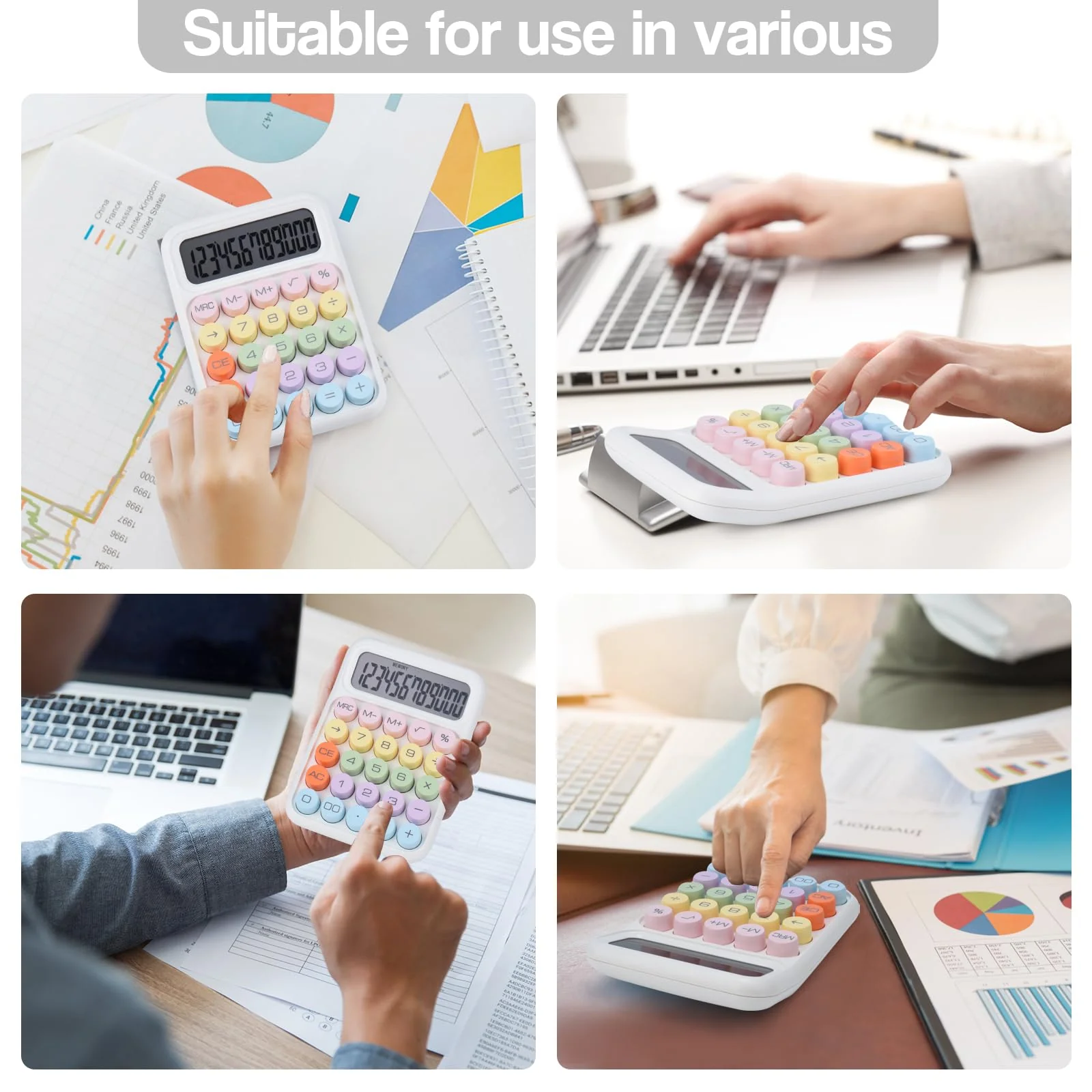 Mechanical Pushbutton Calculator,12 Digit Large LCD Display,Big Buttons Easy to Press,Colorful Candy Calculator,Automatic Sleep,with Battery.for Office,School, Home. (White) white - Image 6