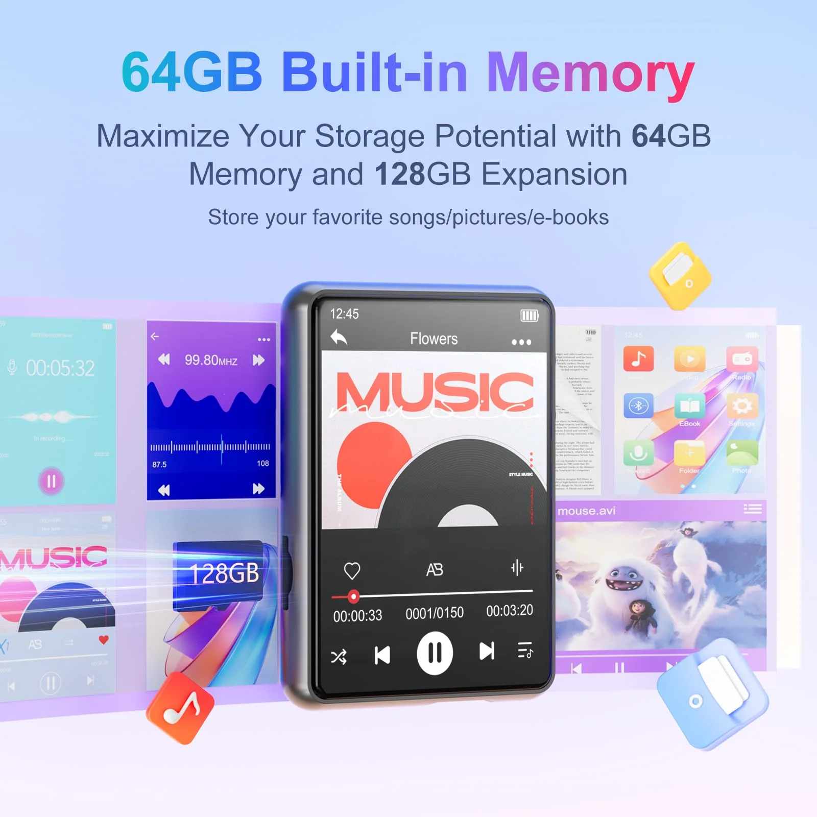 MECHEN 64GB MP3 Player Bluetooth 5.3 with 2.4" Full Touch Screen，Portable Digital Music Player with Speaker，FM Radio, Line Recording, HiFi Lossless Sound, Support up to 128GB. (Gray) Gray - Image 5