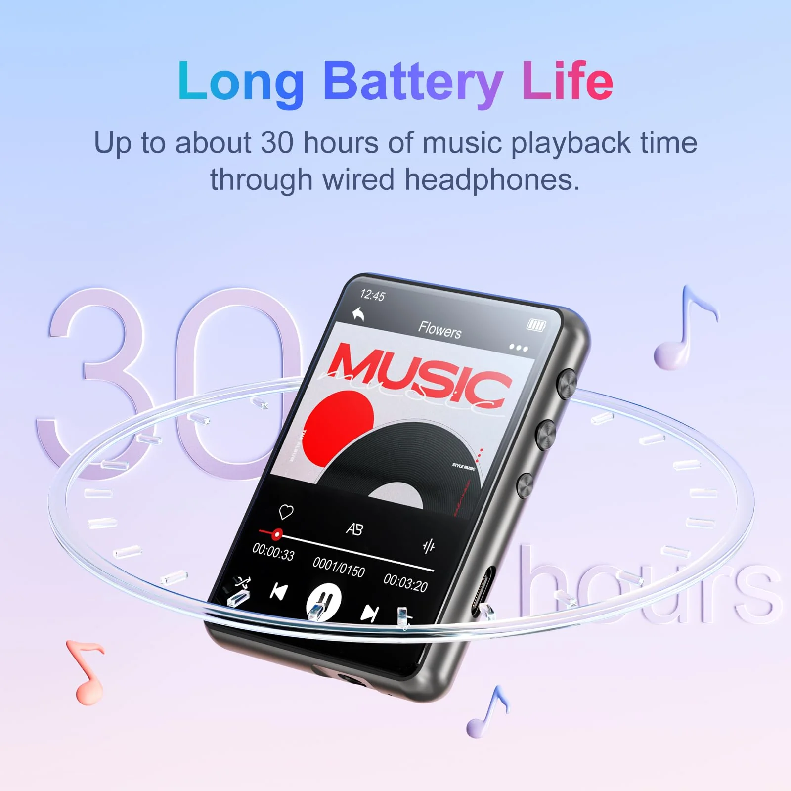 MECHEN 64GB MP3 Player Bluetooth 5.3 with 2.4" Full Touch Screen，Portable Digital Music Player with Speaker，FM Radio, Line Recording, HiFi Lossless Sound, Support up to 128GB. (Gray) Gray - Image 7
