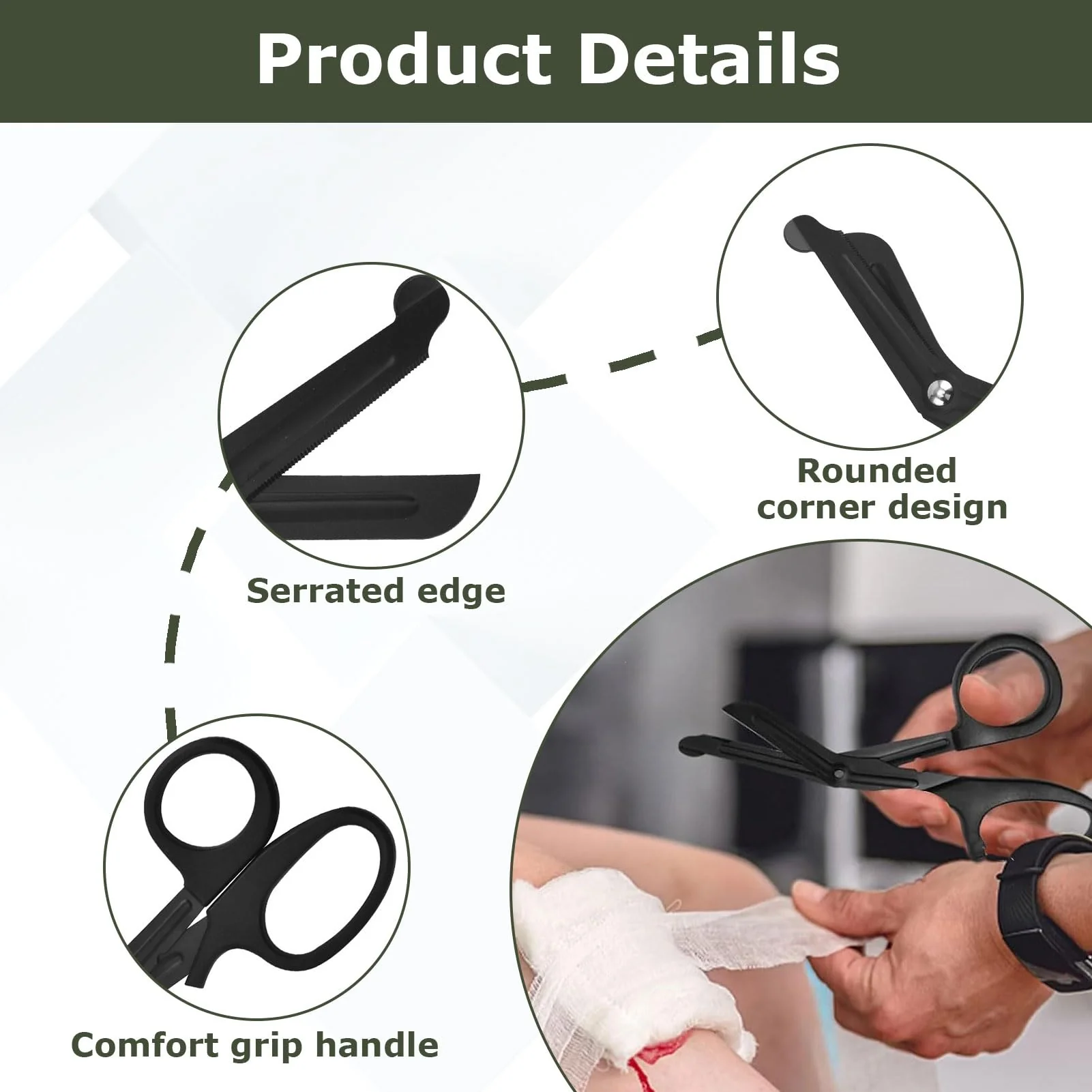 Medical Bandage Scissors, Medical Scissors, Stainless Steel Bandage Scissors, 15 cm, Bent Stealth Black for Nurses, Medical Students, Emergency Room (Black and Green) - Image 3
