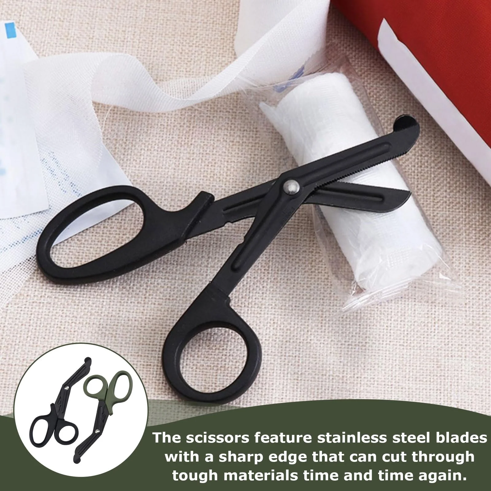 Medical Bandage Scissors, Medical Scissors, Stainless Steel Bandage Scissors, 15 cm, Bent Stealth Black for Nurses, Medical Students, Emergency Room (Black and Green) - Image 4