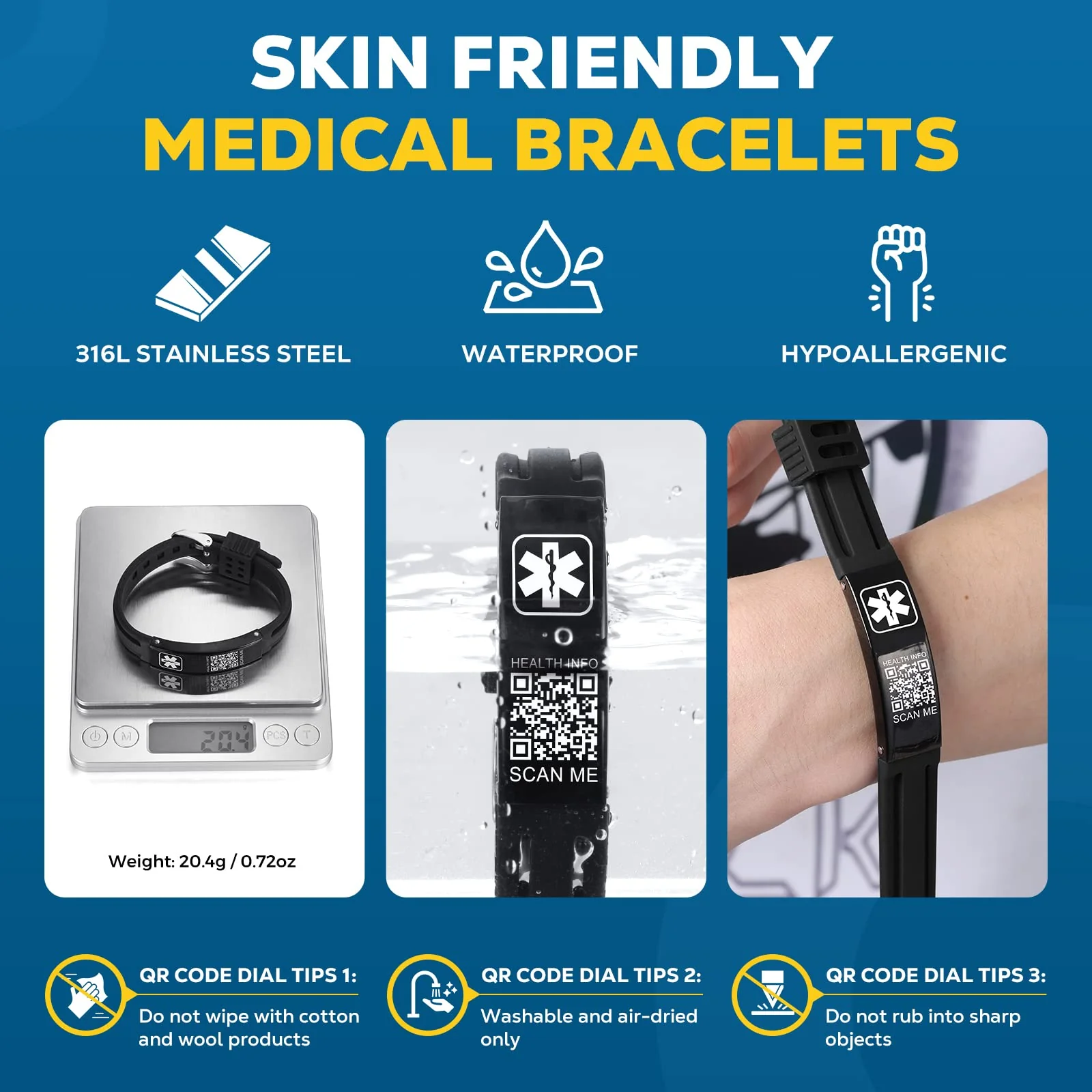 Medical Bracelets for Men Women with QR Code Medical Alert ID Bracelets for Sport Travel - Silicone Waterproof Wristband Fits Wrists Up to 8 inches - More Space Custom Emergency Medic ID Alert Information 9.45'' Folding Buckle - Black+Black - Image 2