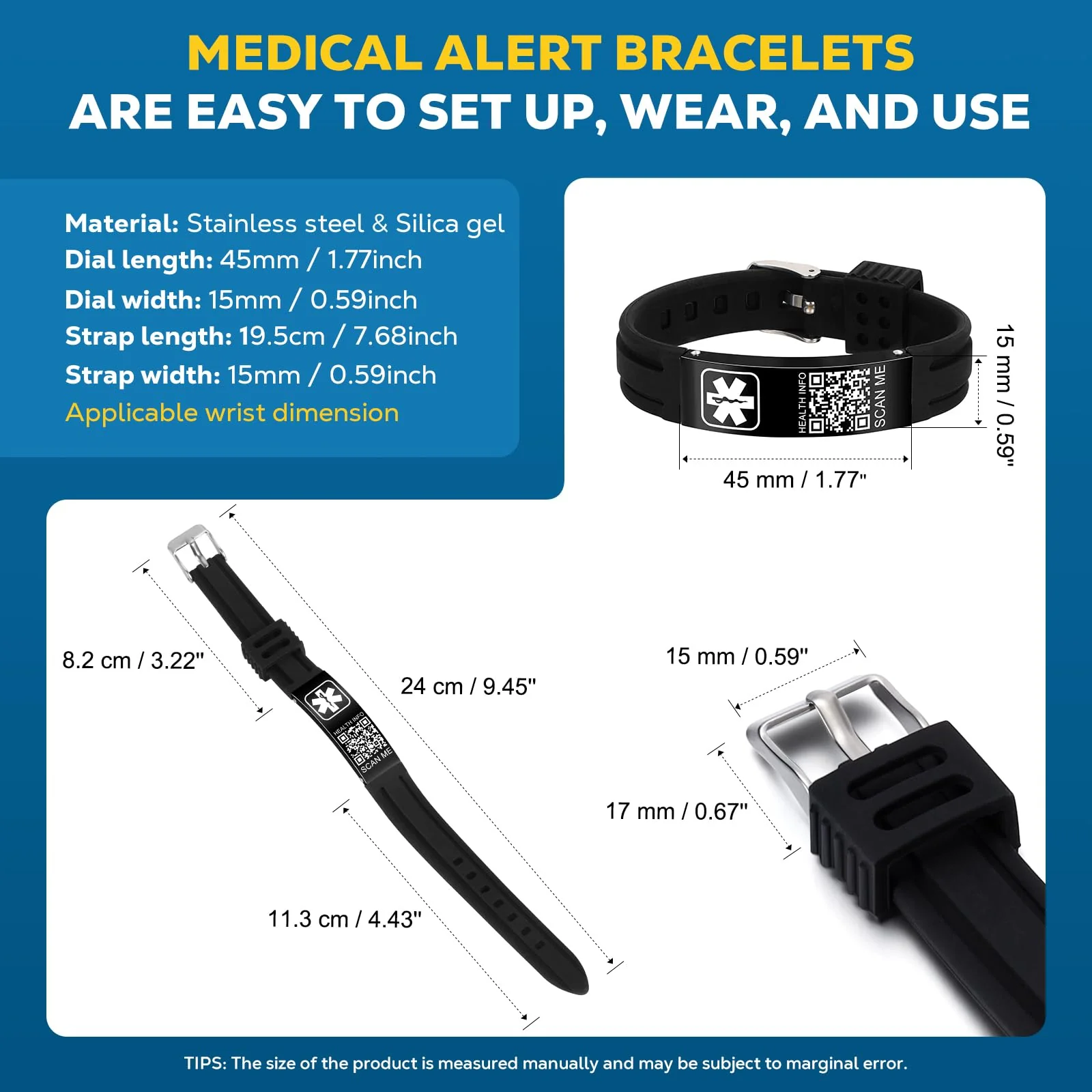 Medical Bracelets for Men Women with QR Code Medical Alert ID Bracelets for Sport Travel - Silicone Waterproof Wristband Fits Wrists Up to 8 inches - More Space Custom Emergency Medic ID Alert Information 9.45'' Folding Buckle - Black+Black - Image 3