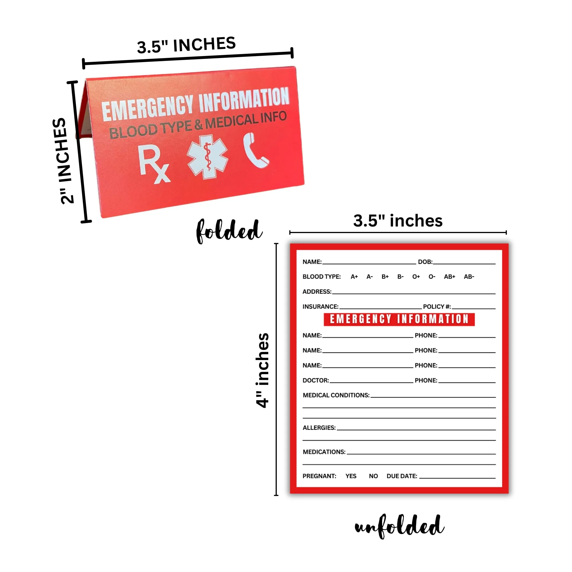 Medical ID Information In Case of Emergency Folded Wallet Card | 10pk 2x3.5” Folded Contacts Doctor Allergies Medications Write In Blood Type - Image 4
