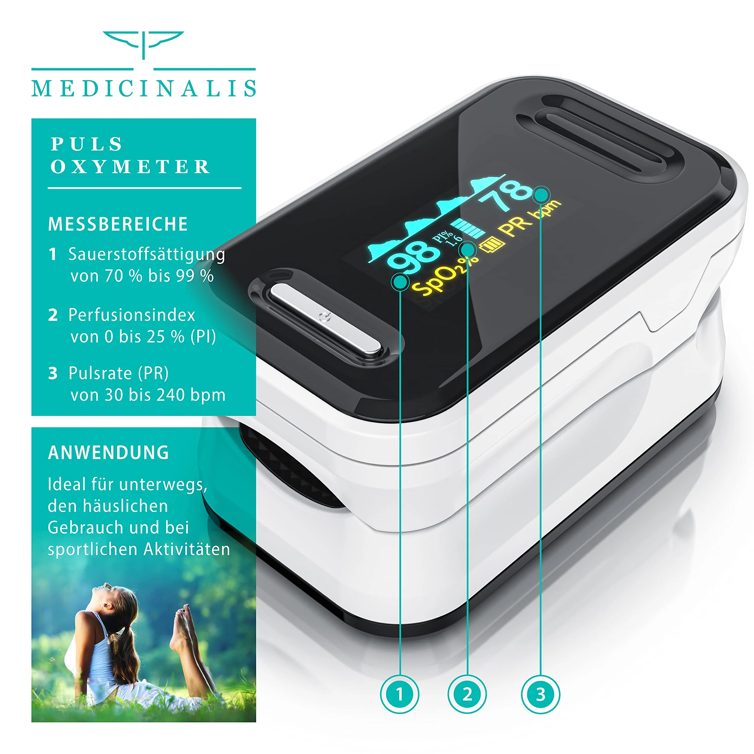 Medicinalis - Finger Pulse Oximeter - SpO2 Heart Rate Monitor - Finger Pulse Oximeter - Measurement of Pulse and Oxygen Saturation on the Finger - OLED Display - Battery Indicator - Alarm - One Touch Single - Image 2