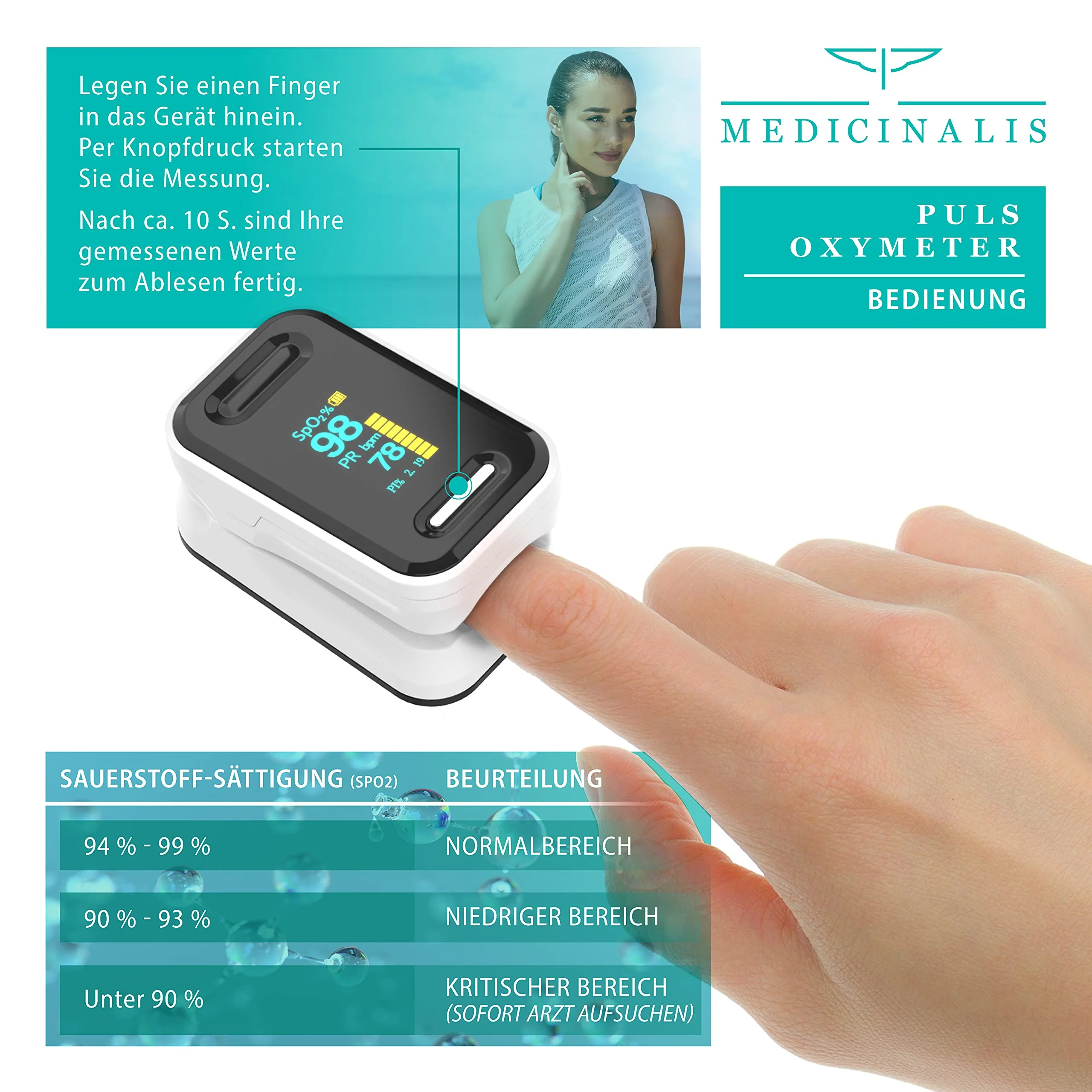 Medicinalis - Finger Pulse Oximeter - SpO2 Heart Rate Monitor - Finger Pulse Oximeter - Measurement of Pulse and Oxygen Saturation on the Finger - OLED Display - Battery Indicator - Alarm - One Touch Single - Image 4