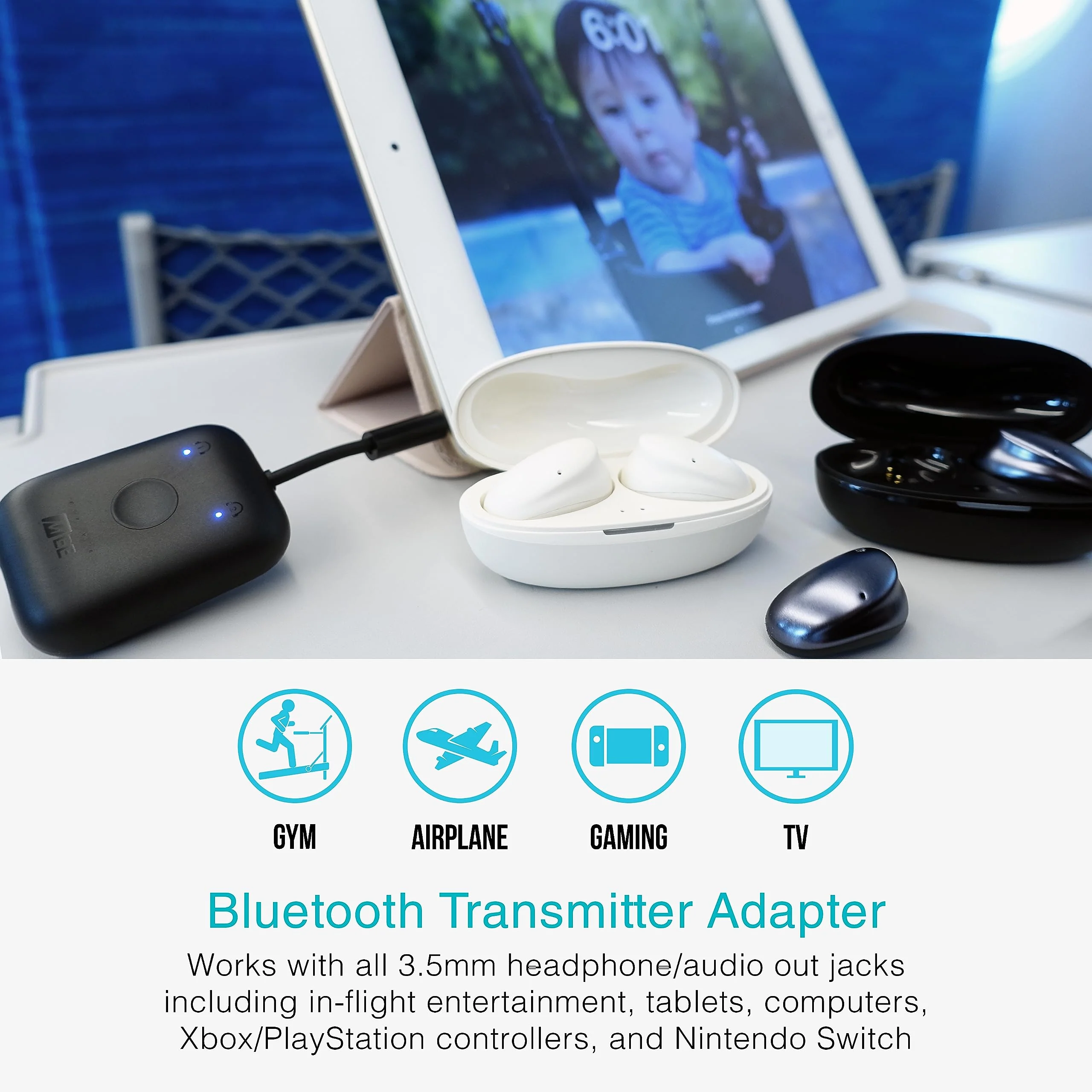MEE Audio Connect Air in-Flight Bluetooth Wireless Audio Transmitter Adapter for up to 2 AirPods/Other Headphones; Works with All 3.5mm Aux Jacks on Airplanes, Gym Equipment, TVs, & Gaming Consoles Black - Image 3