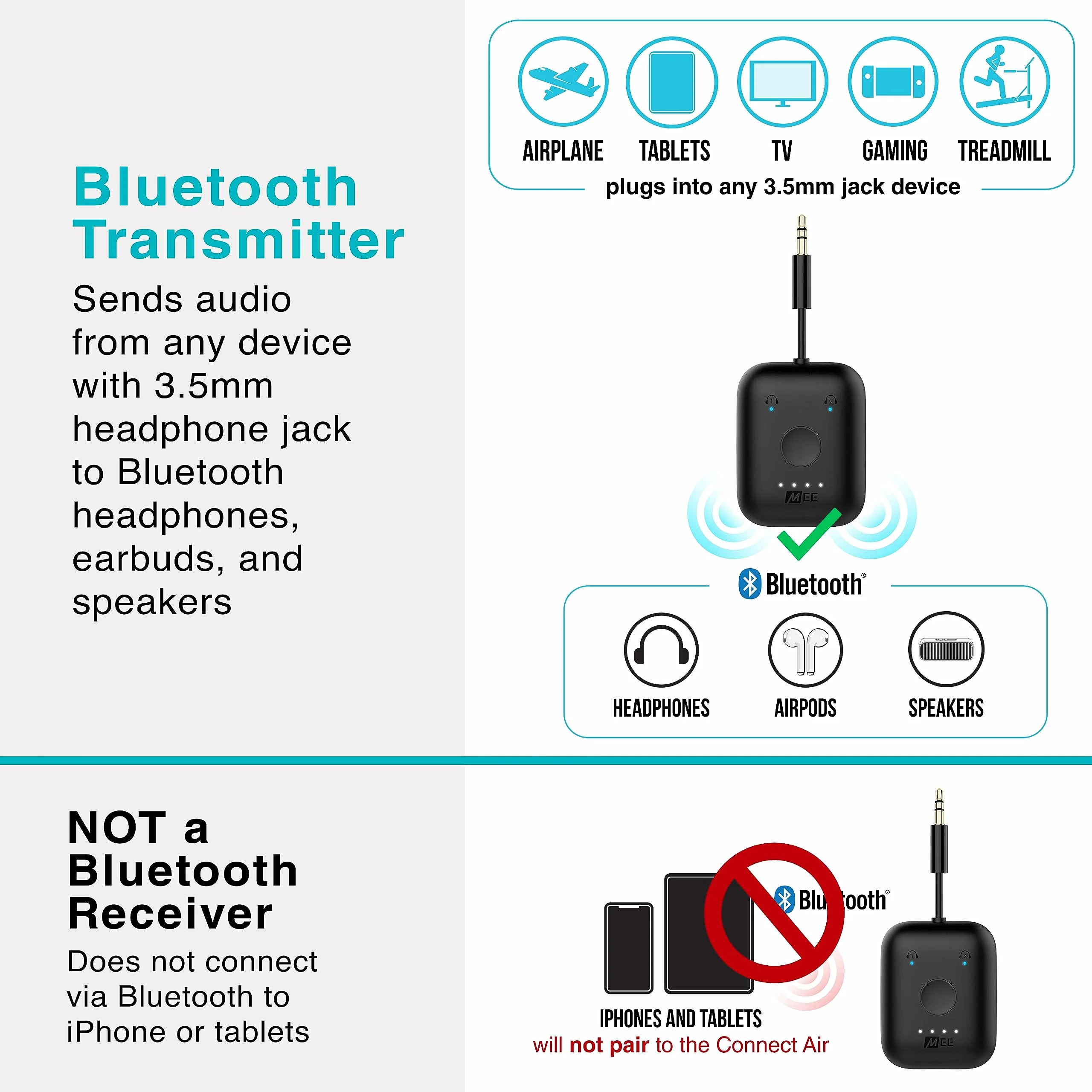 MEE Audio Connect Air in-Flight Bluetooth Wireless Audio Transmitter Adapter for up to 2 AirPods/Other Headphones; Works with All 3.5mm Aux Jacks on Airplanes, Gym Equipment, TVs, & Gaming Consoles Black - Image 5