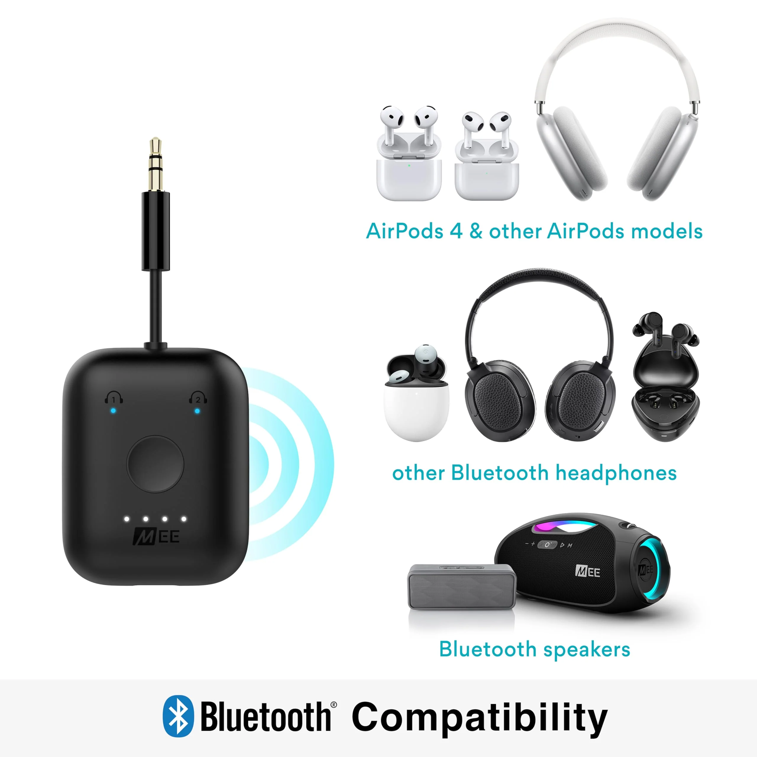 MEE Audio Connect Air in-Flight Bluetooth Wireless Audio Transmitter Adapter for up to 2 AirPods/Other Headphones; Works with All 3.5mm Aux Jacks on Airplanes, Gym Equipment, TVs, & Gaming Consoles Black - Image 6