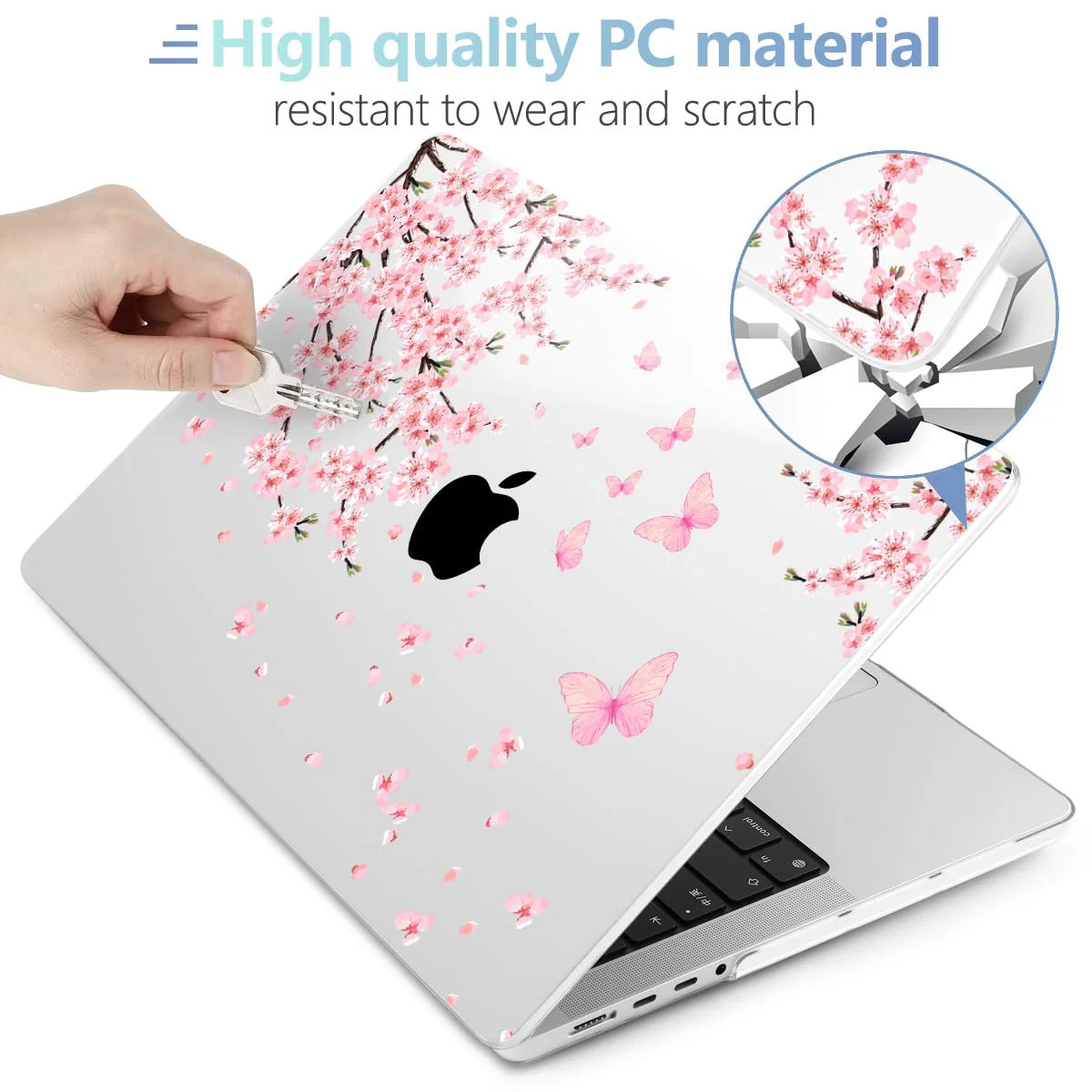 MEEgoodo for M3 MacBook Pro 14 inch Case 2023 2021 A2918 A2992 A2779 A2442 M2 M1 Pro/Max, Clear Laptop Hard Shell Cases with Keyboard Webcam Cover & Trackpad Film & Type C Adapter, Cherry Blossoms - Image 3