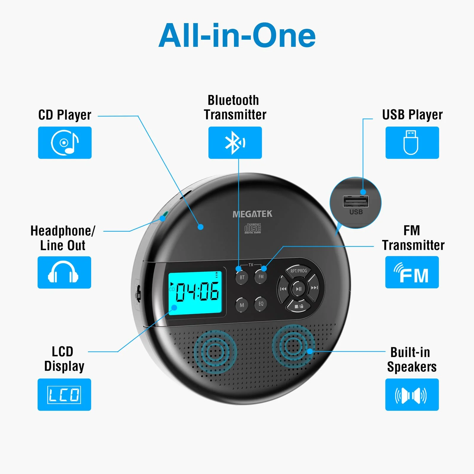 MEGATEK Portable CD Player with Dual Stereo Speakers and 60 Seconds Anti Skip, Personal Walkman CD Player for Car with headphones, USB Port, Bluetooth and FM Transmitter, 2000mAh Rechargeable Battery - Image 2