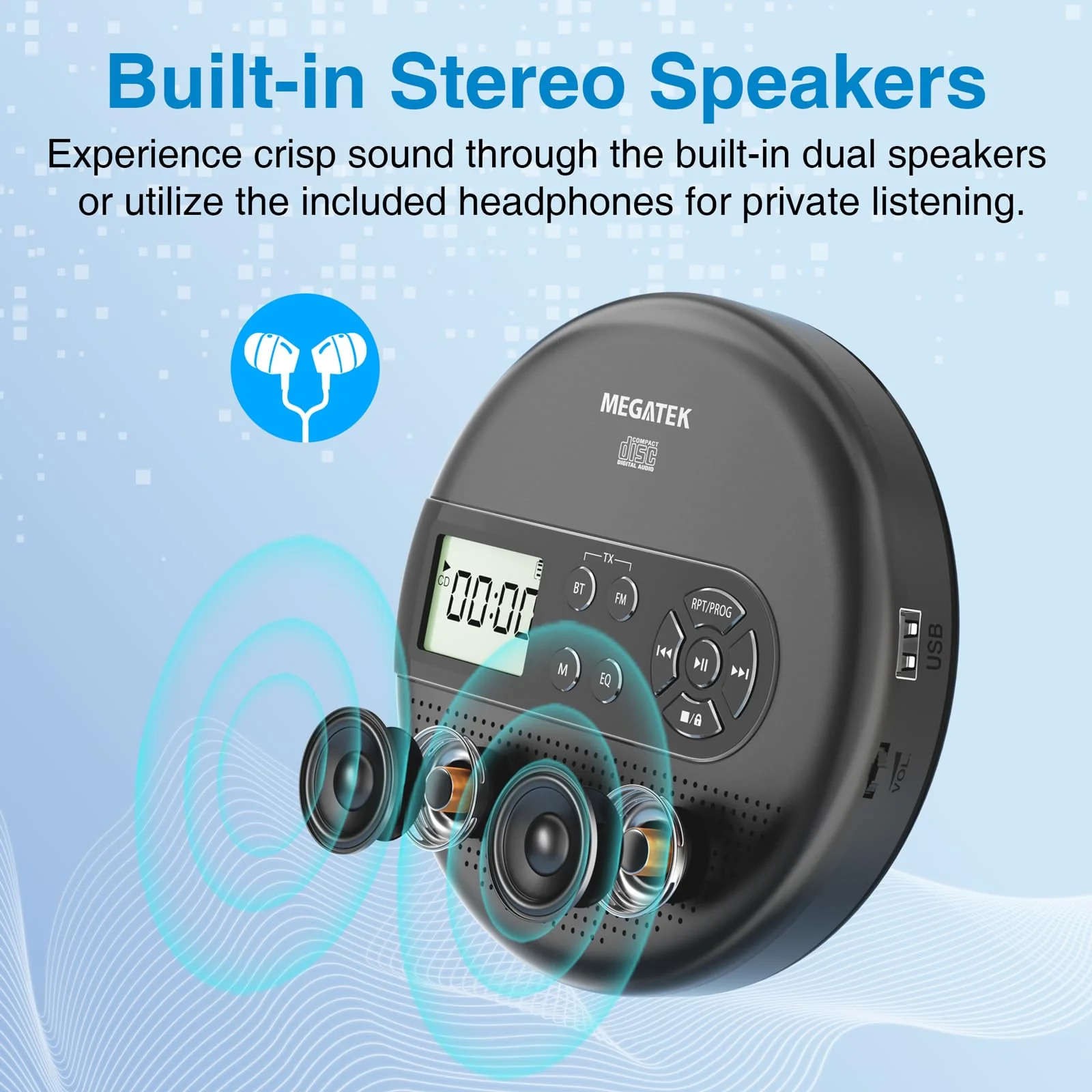 MEGATEK Portable CD Player with Dual Stereo Speakers and 60 Seconds Anti Skip, Personal Walkman CD Player for Car with headphones, USB Port, Bluetooth and FM Transmitter, 2000mAh Rechargeable Battery - Image 3