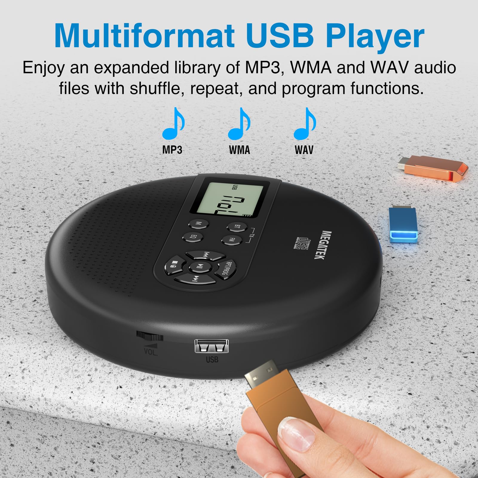 MEGATEK Portable CD Player with Dual Stereo Speakers and 60 Seconds Anti Skip, Personal Walkman CD Player for Car with headphones, USB Port, Bluetooth and FM Transmitter, 2000mAh Rechargeable Battery - Image 6