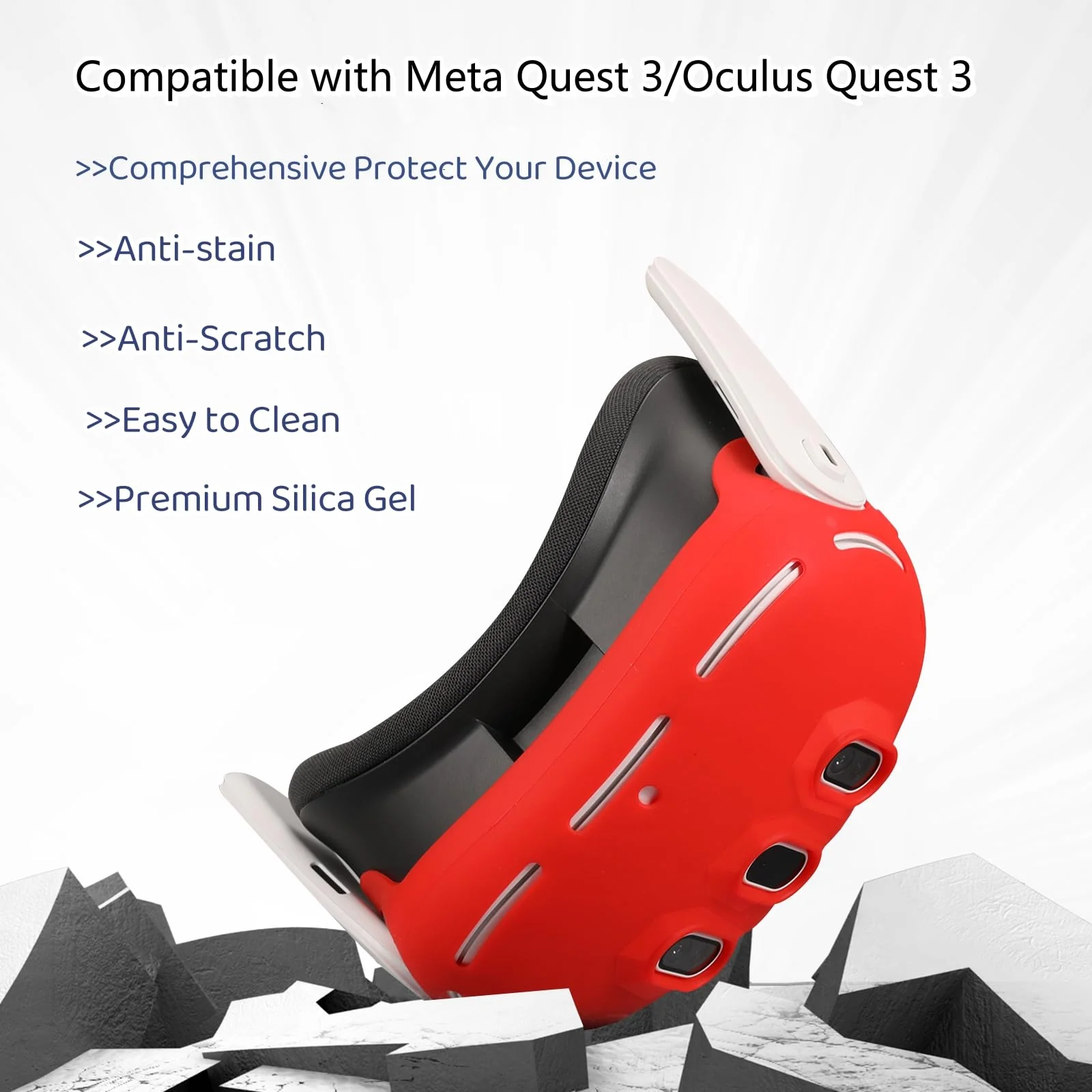 MEGREZ VR Silicone Cover Set Compatible with Oculus/Meta Quest 3, Quest 3 Accessories Protective Cover includes Face Cover, Headset Shell Cover, Protective Lens Cover, Controller Grips, Red - Image 5