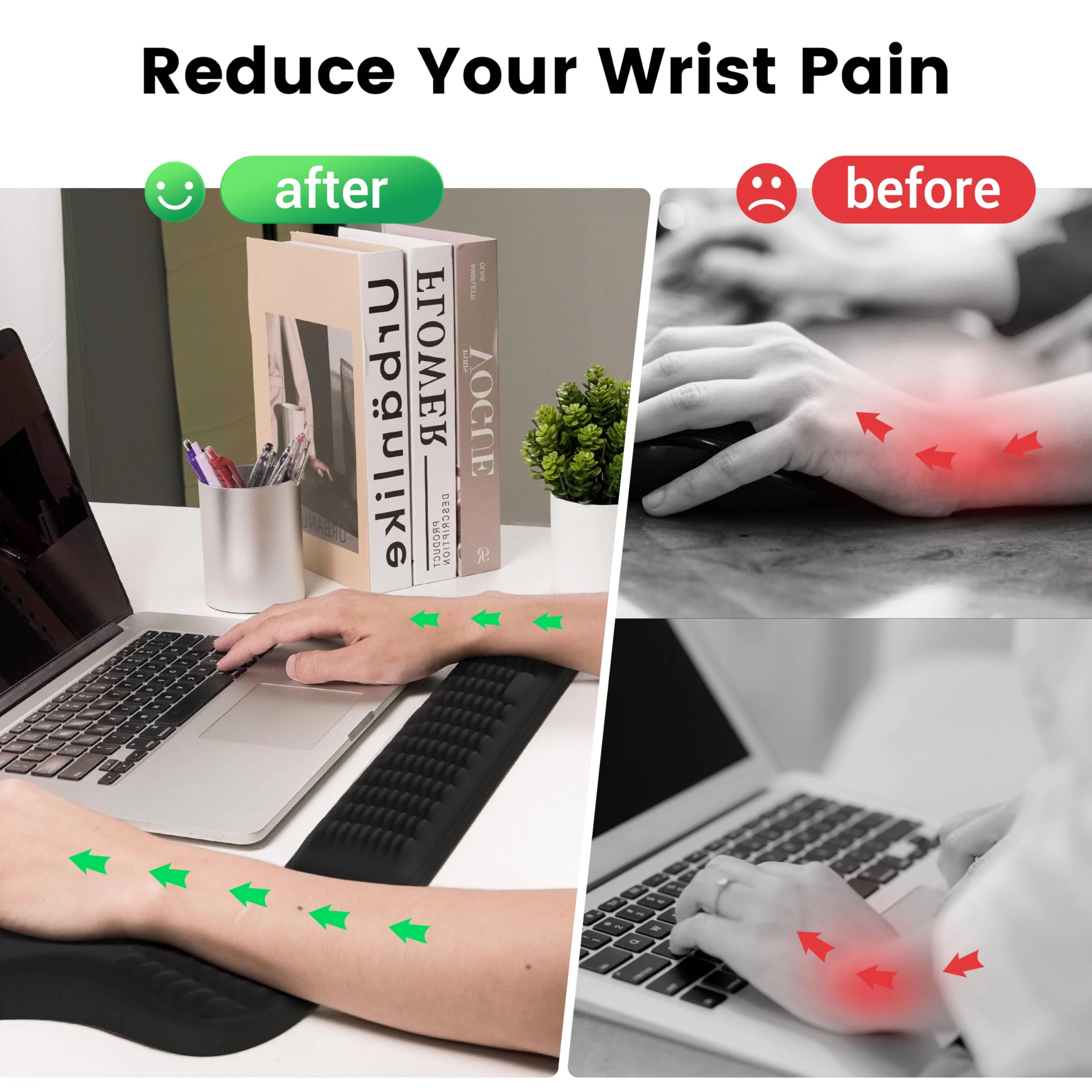 MEKASS Ergonomic Mouse Pad and Keyboard Wrist Rest Set, Super Soft Memory Foam Desk Wrist Support for Computer Keyboard, Non-Slip Arm Palm Rests Cushion for Typing Gaming Office Laptop Mac (Black) Black - Image 2