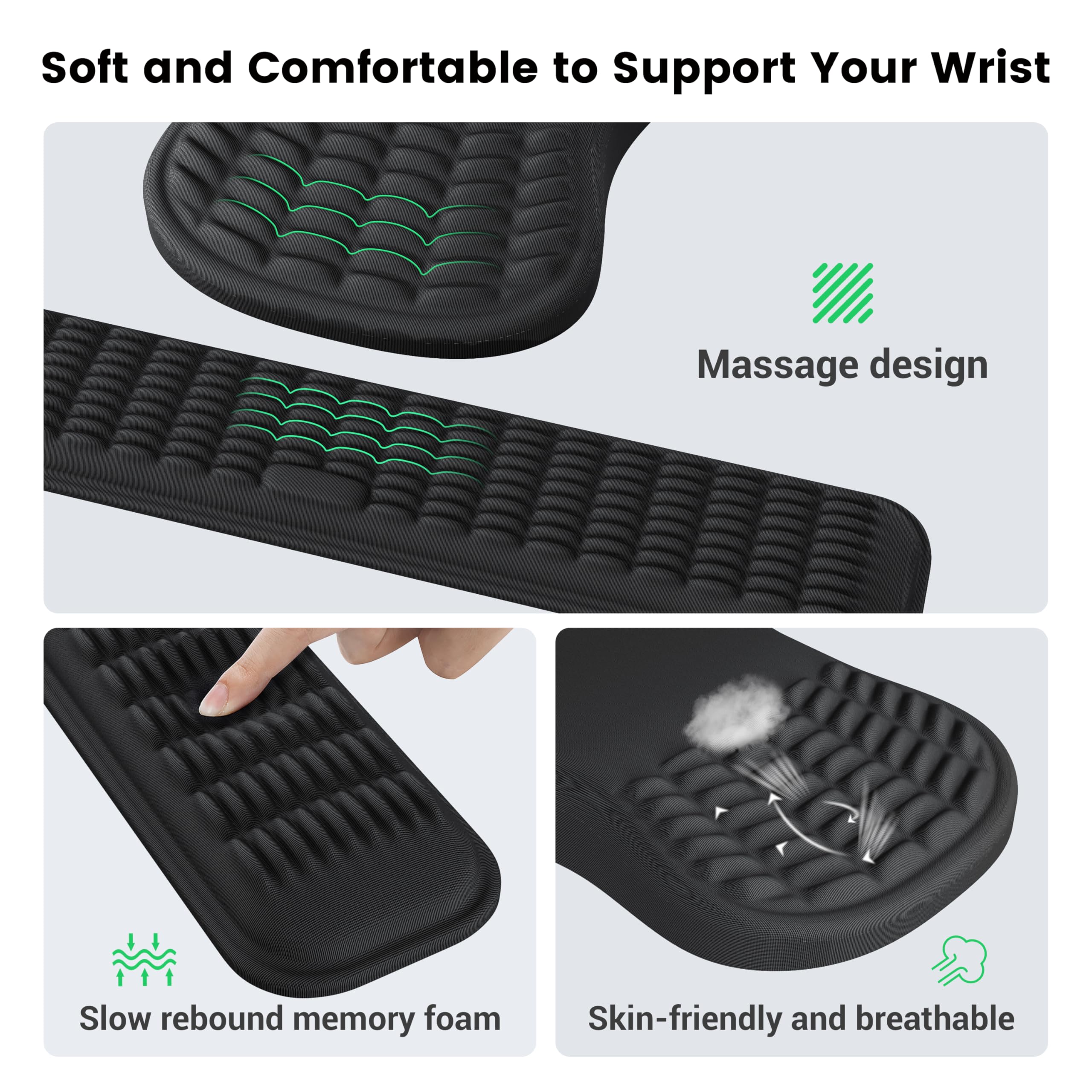 MEKASS Ergonomic Mouse Pad and Keyboard Wrist Rest Set, Super Soft Memory Foam Desk Wrist Support for Computer Keyboard, Non-Slip Arm Palm Rests Cushion for Typing Gaming Office Laptop Mac (Black) Black - Image 4