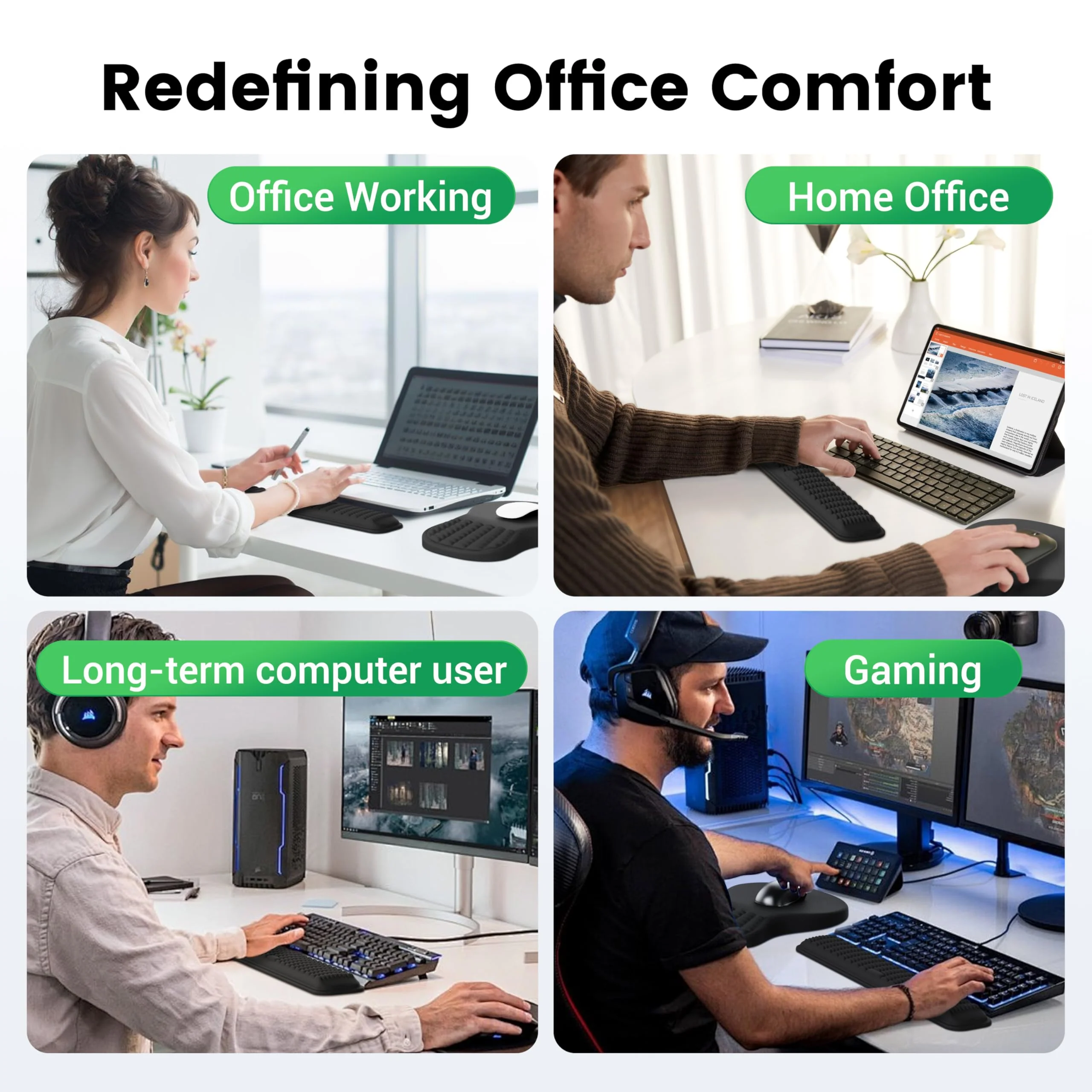 MEKASS Ergonomic Mouse Pad and Keyboard Wrist Rest Set, Super Soft Memory Foam Desk Wrist Support for Computer Keyboard, Non-Slip Arm Palm Rests Cushion for Typing Gaming Office Laptop Mac (Black) Black - Image 7