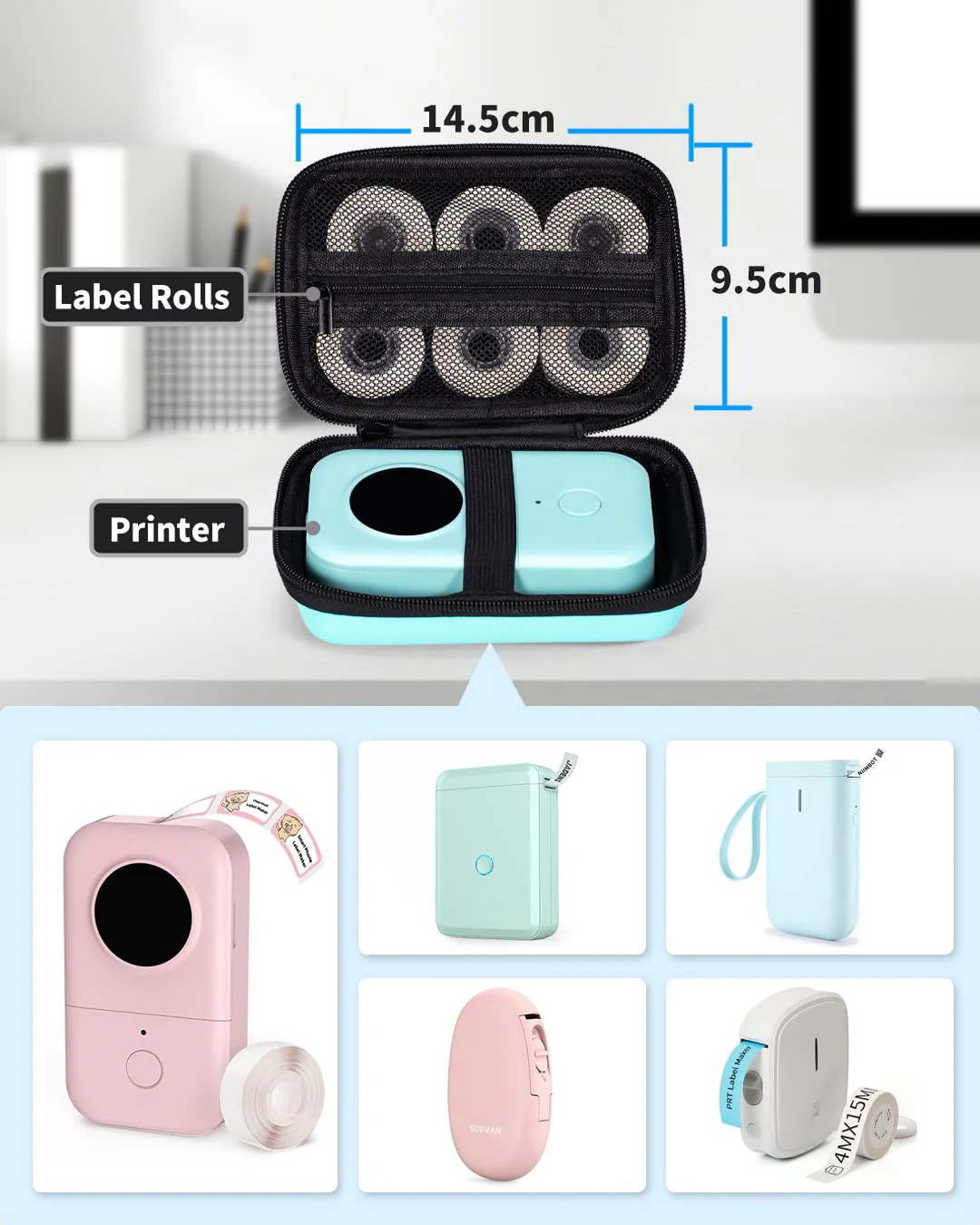 Memoking T02 Hard Storage Case - Compatible with Phomemo D30, SUPVAN E10, NIIMBOT D11, JADENS D110 and More, with Zipper Mesh Pocket, Waterproof Shockproof Case, Green (Only Case) - Image 2