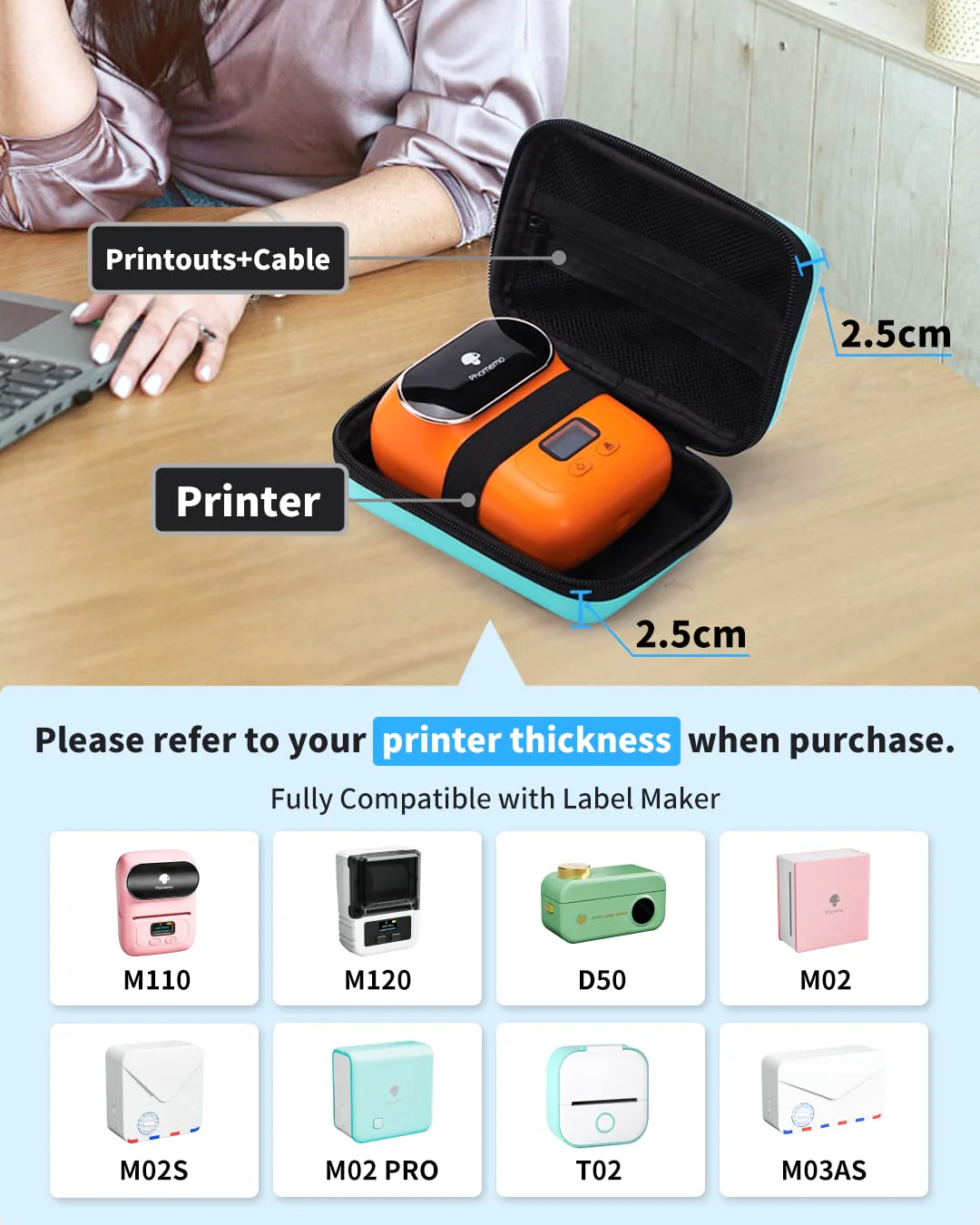 Memoking T02 Hard Storage Case - Compatible with Phomemo D30, SUPVAN E10, NIIMBOT D11, JADENS D110 and More, with Zipper Mesh Pocket, Waterproof Shockproof Case, Green (Only Case) - Image 3