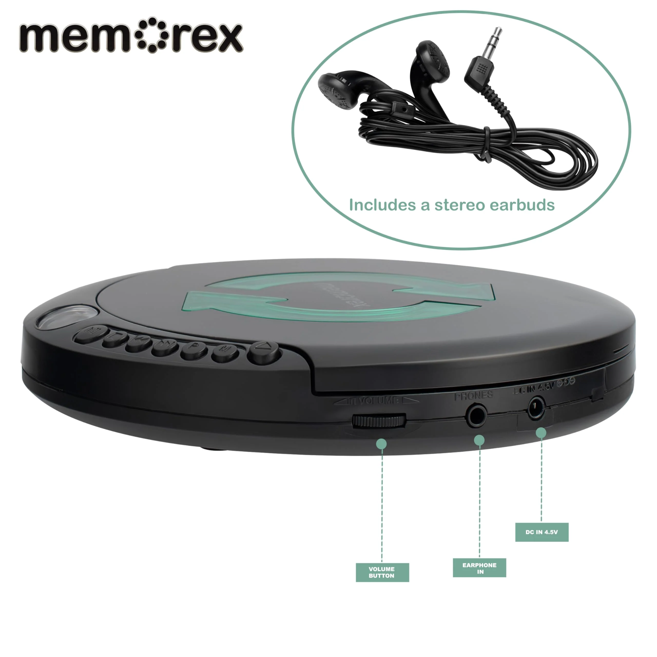 Memorex MX-DM80 Portable CD Player | Compact Disc Player with Anti-Shock Technology | LCD Display, Stereo Earbuds, Low Battery Indicator | CD/CD-R/RW Compatible for Personal Music - Image 3