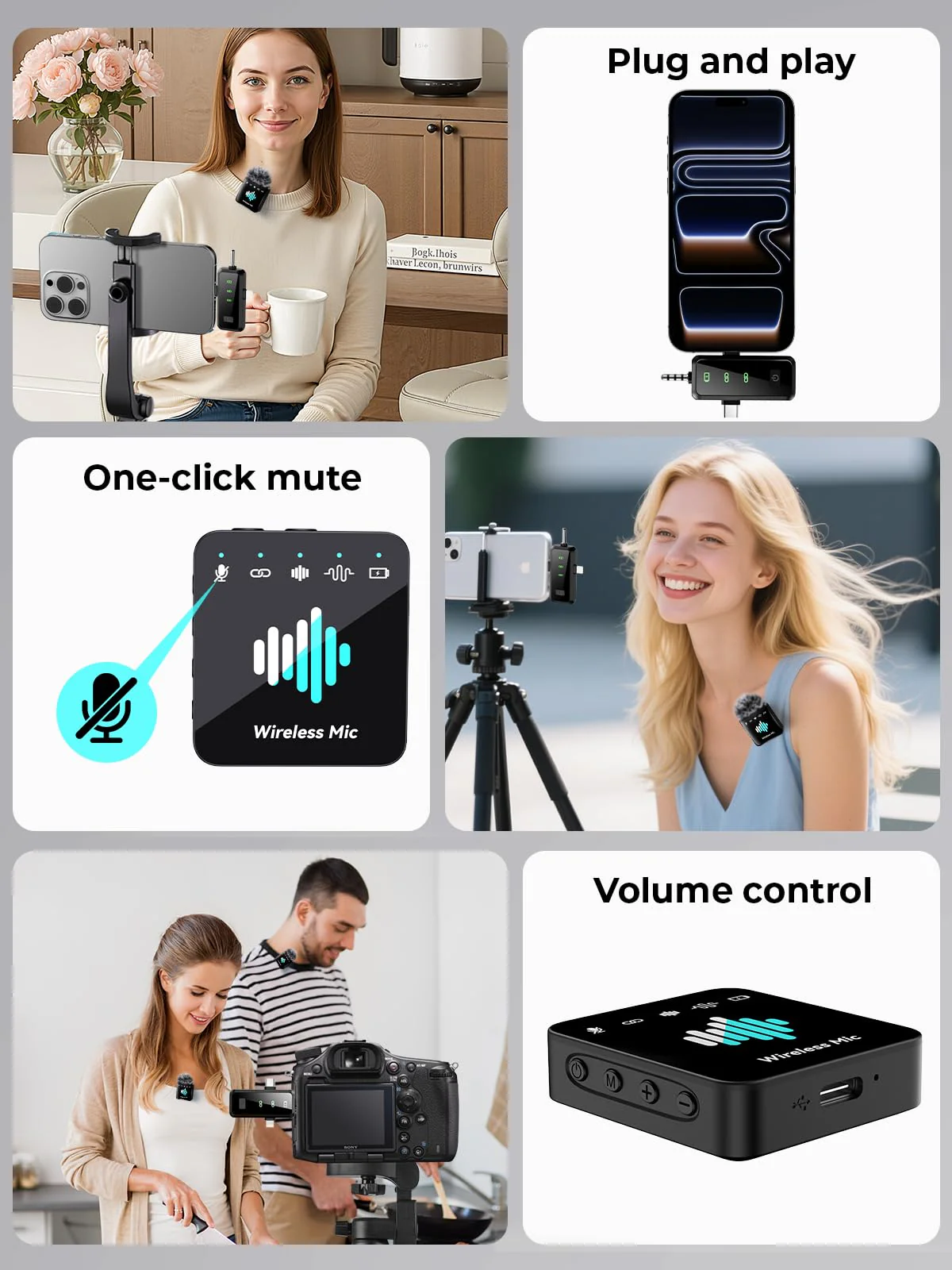 MENERESAS Wireless Lavalier Microphone for iPhone: Mini Microphone Noise Reduction - 328ft Transmission & 20H Battery Life for Video Recording, 3-in-1 Universal Camera & Android, Deep Grey Brushed Black - Image 6