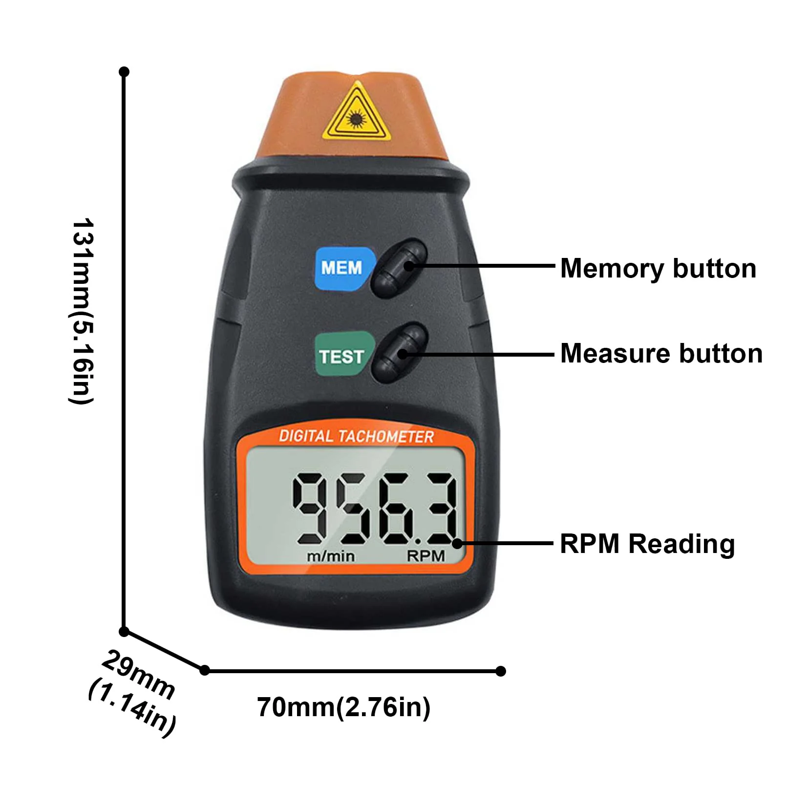 Mengshen Digital Tachometer, Non Contact Laser Photo Tach 2.5-99999 RPM Rotation Speed Meter Gauge Measurement with Reflective Tape (9V Battery Included) - Image 2
