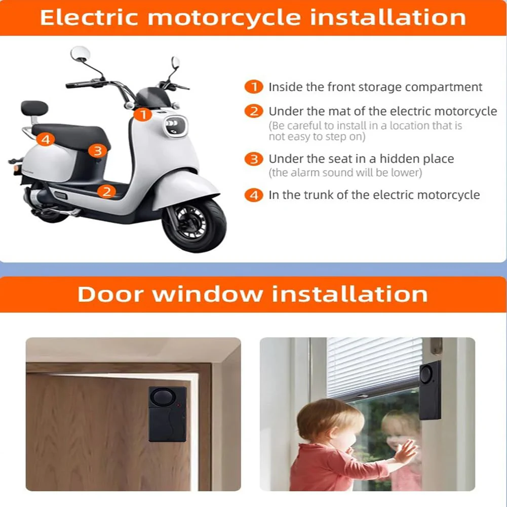 Mengshen Wireless Anti Theft Vibration Door Window Alarm Motion Sensor with 2 Remote Control Burglar Alarm for Bicycle EBikes Scooter Car 110dB Loud (4 Sensors with 2 Remote Control) - Image 8